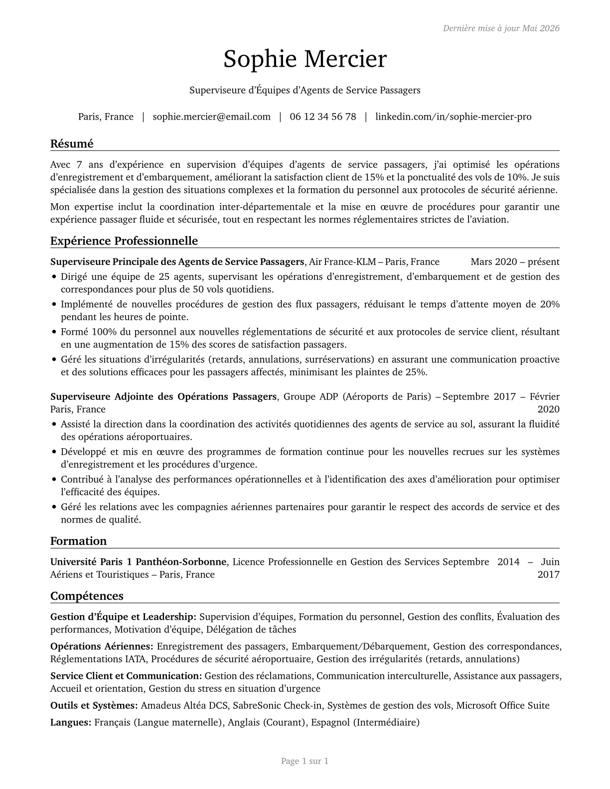 First-Line Supervisors of Passenger Attendants CV in French — page 1
