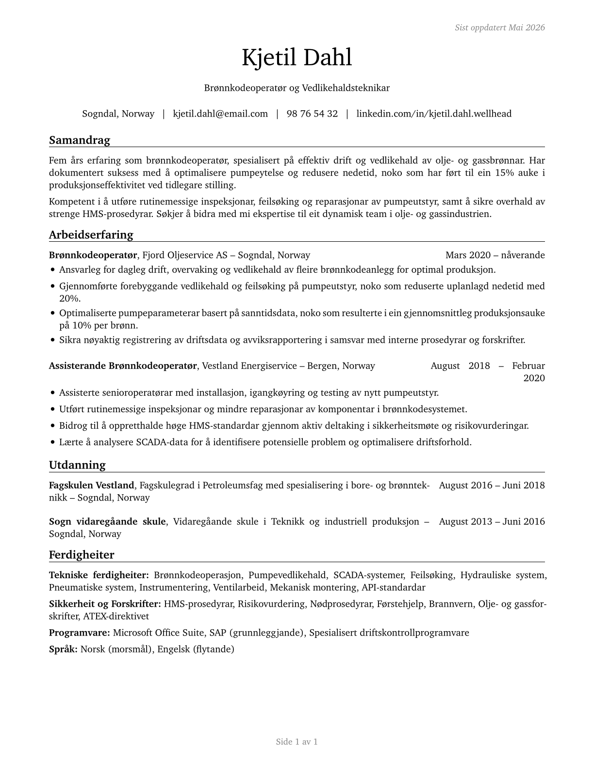 Wellhead Pumpers CV in Norwegian_nynorsk — page 1