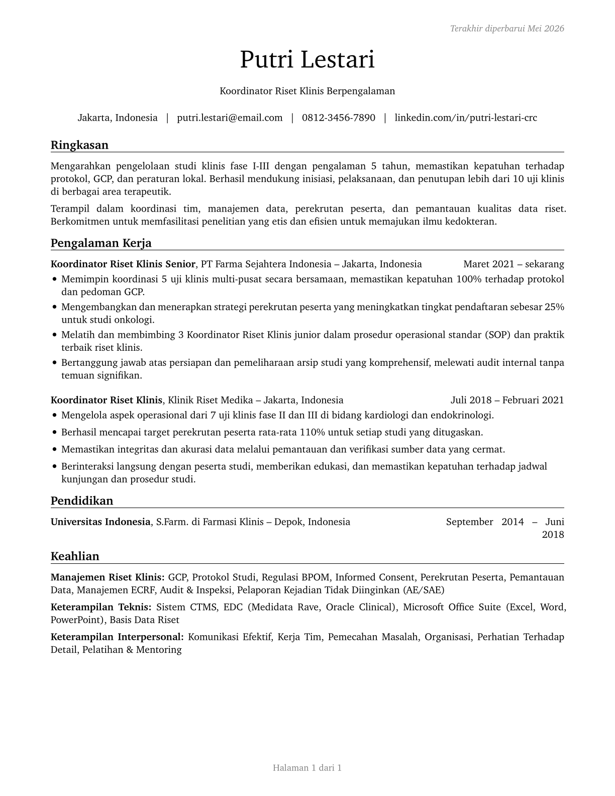 Clinical Research Coordinators CV in Indonesian — page 1