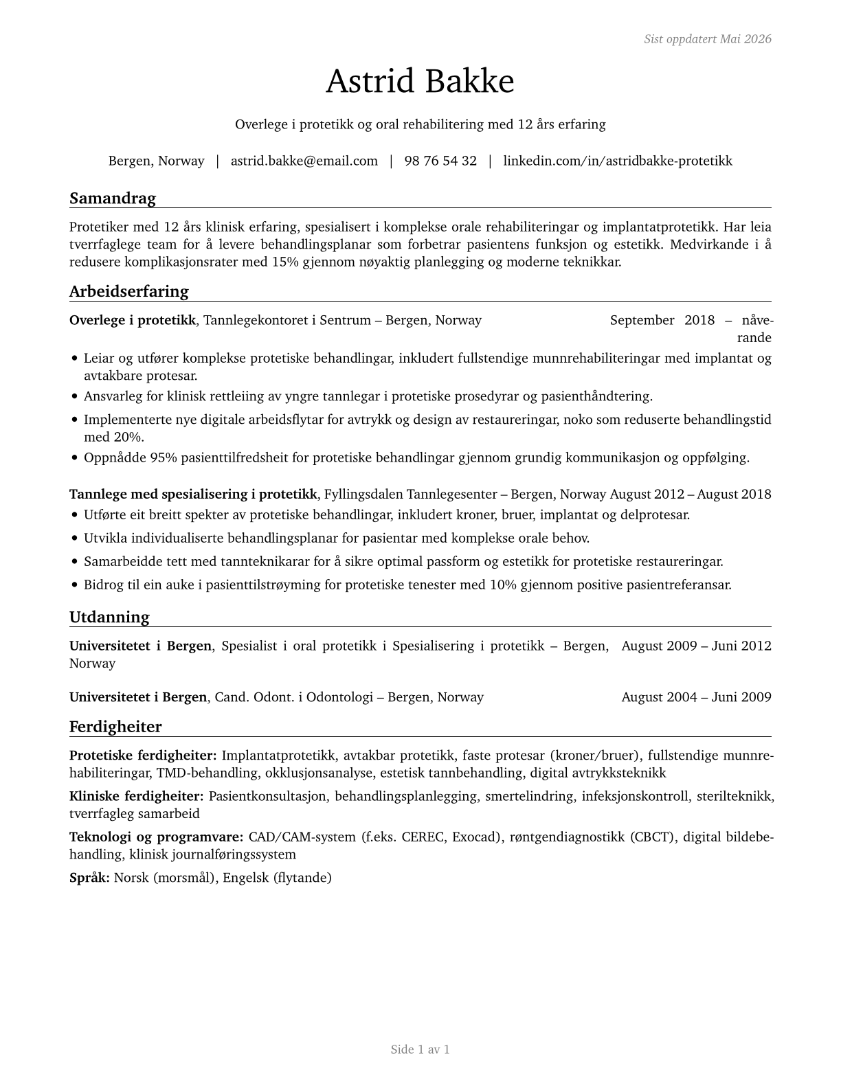 Prosthodontists CV in Norwegian_nynorsk — page 1