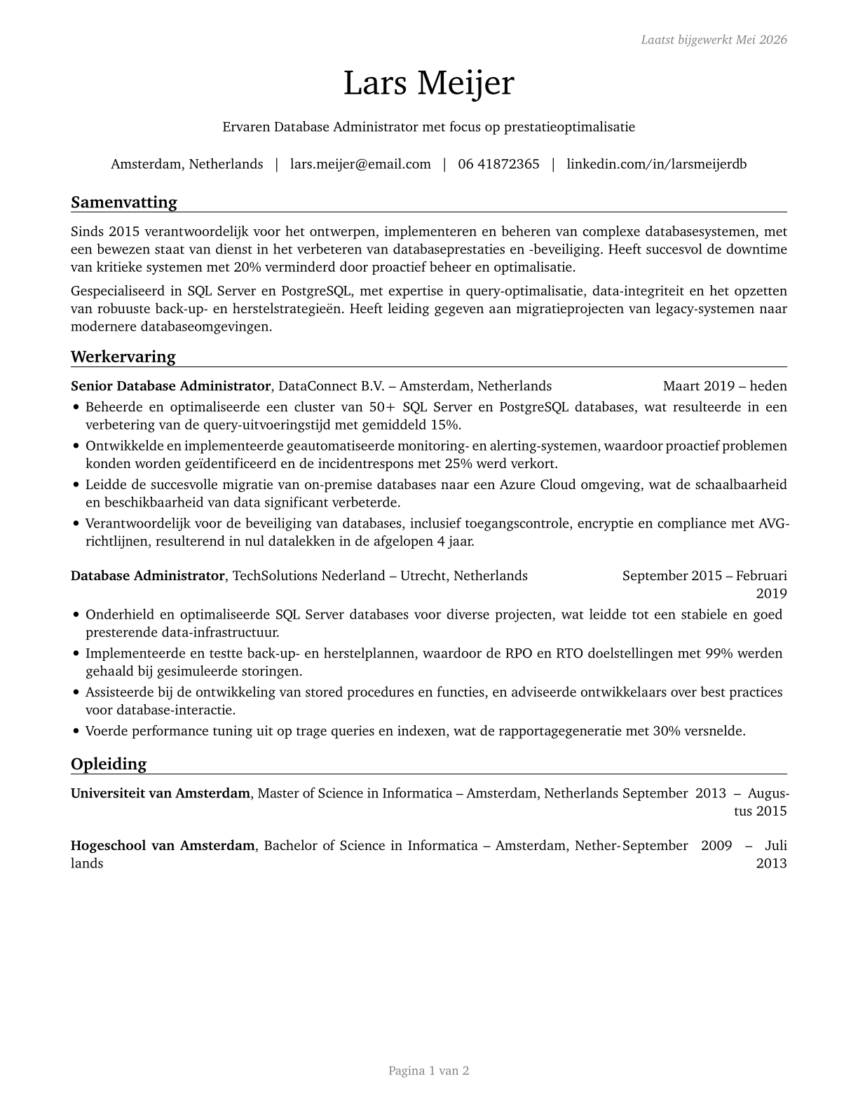 Database Administrators CV in Dutch — page 1
