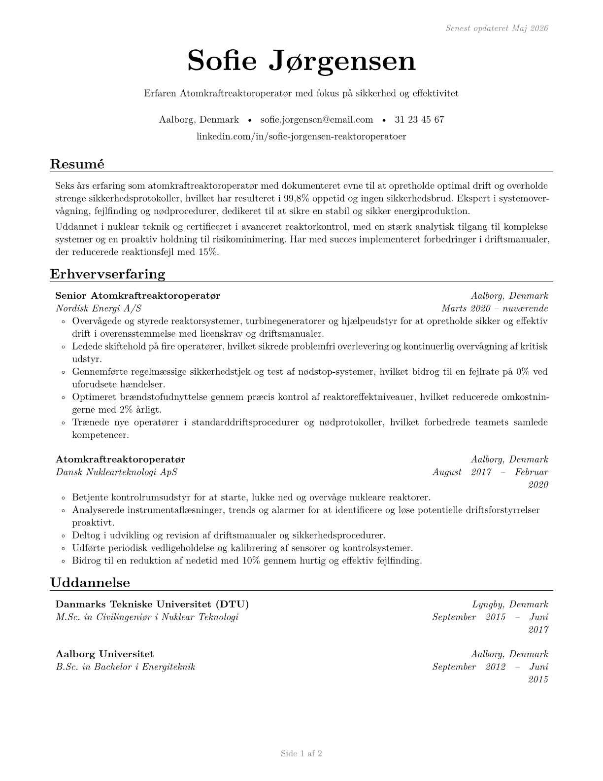 Nuclear Power Reactor Operators CV in Danish — page 1