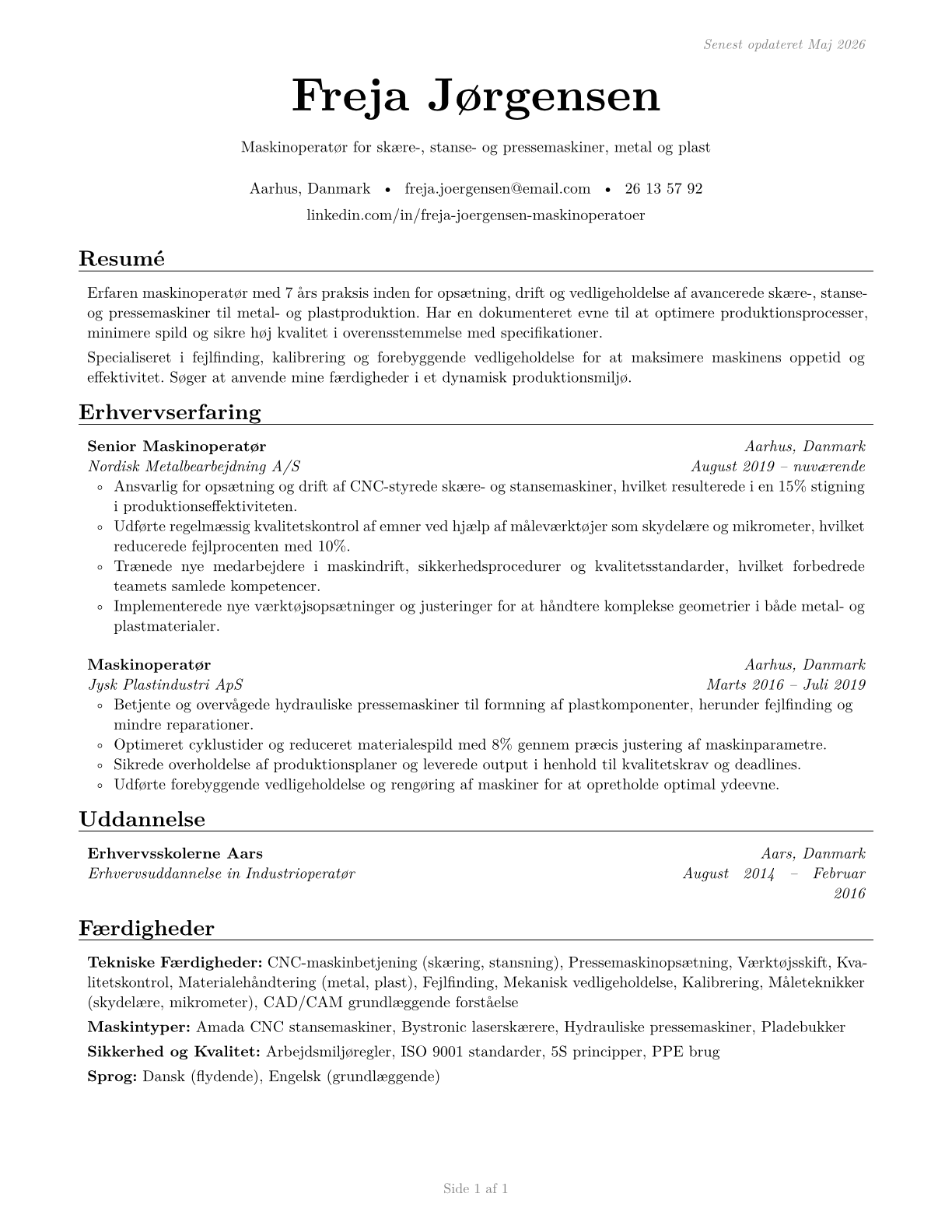 Cutting, Punching, and Press Machine Setters, Operators, and Tenders, Metal and Plastic CV in Danish — page 1