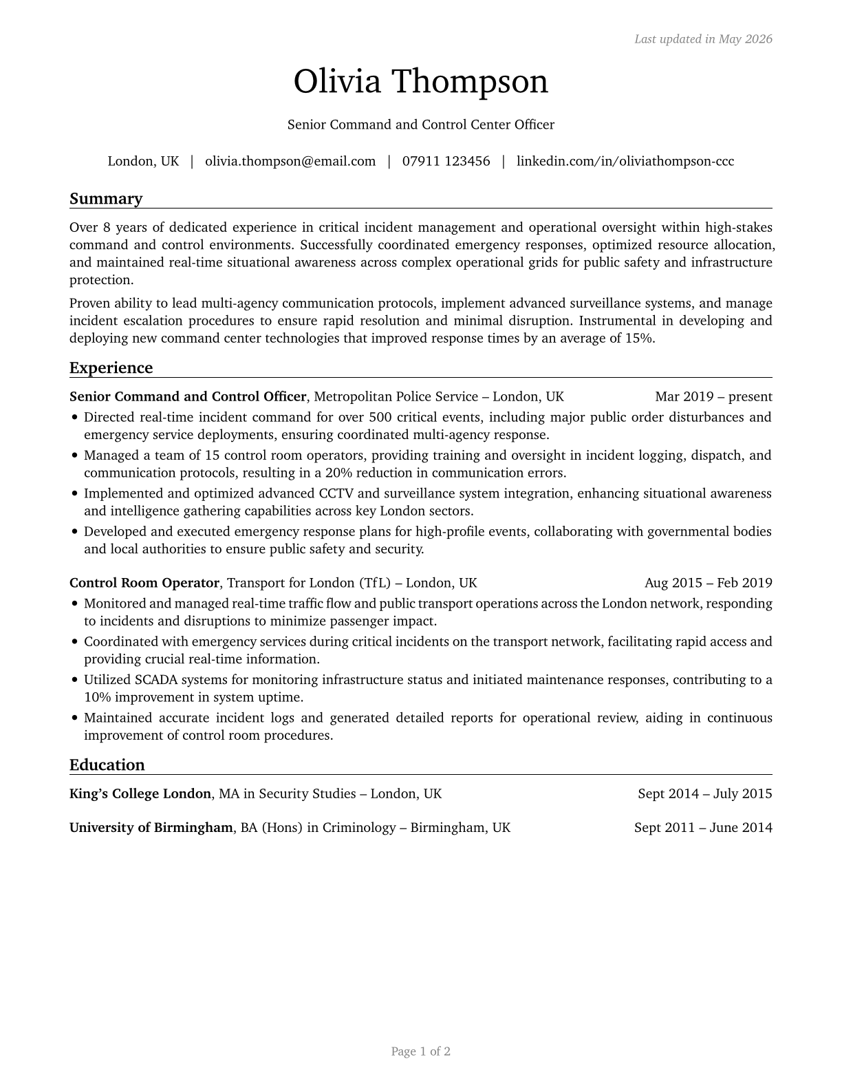 Command and Control Center Officers CV in English — page 1