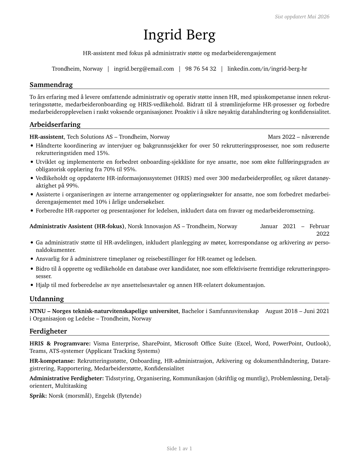 Human Resources Assistants, Except Payroll and Timekeeping CV in Norwegian_bokmal — page 1