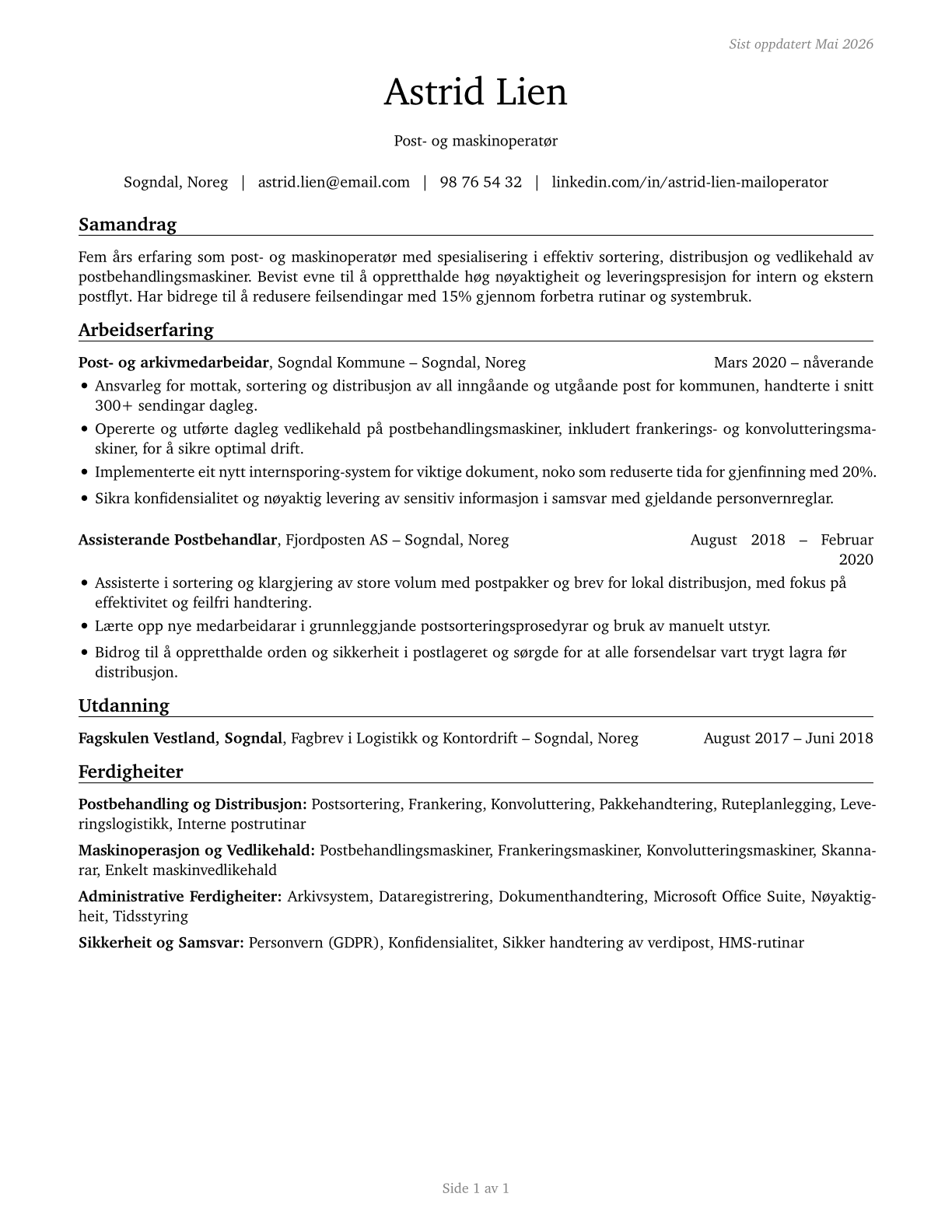 Mail Clerks and Mail Machine Operators, Except Postal Service CV in Norwegian_nynorsk — page 1
