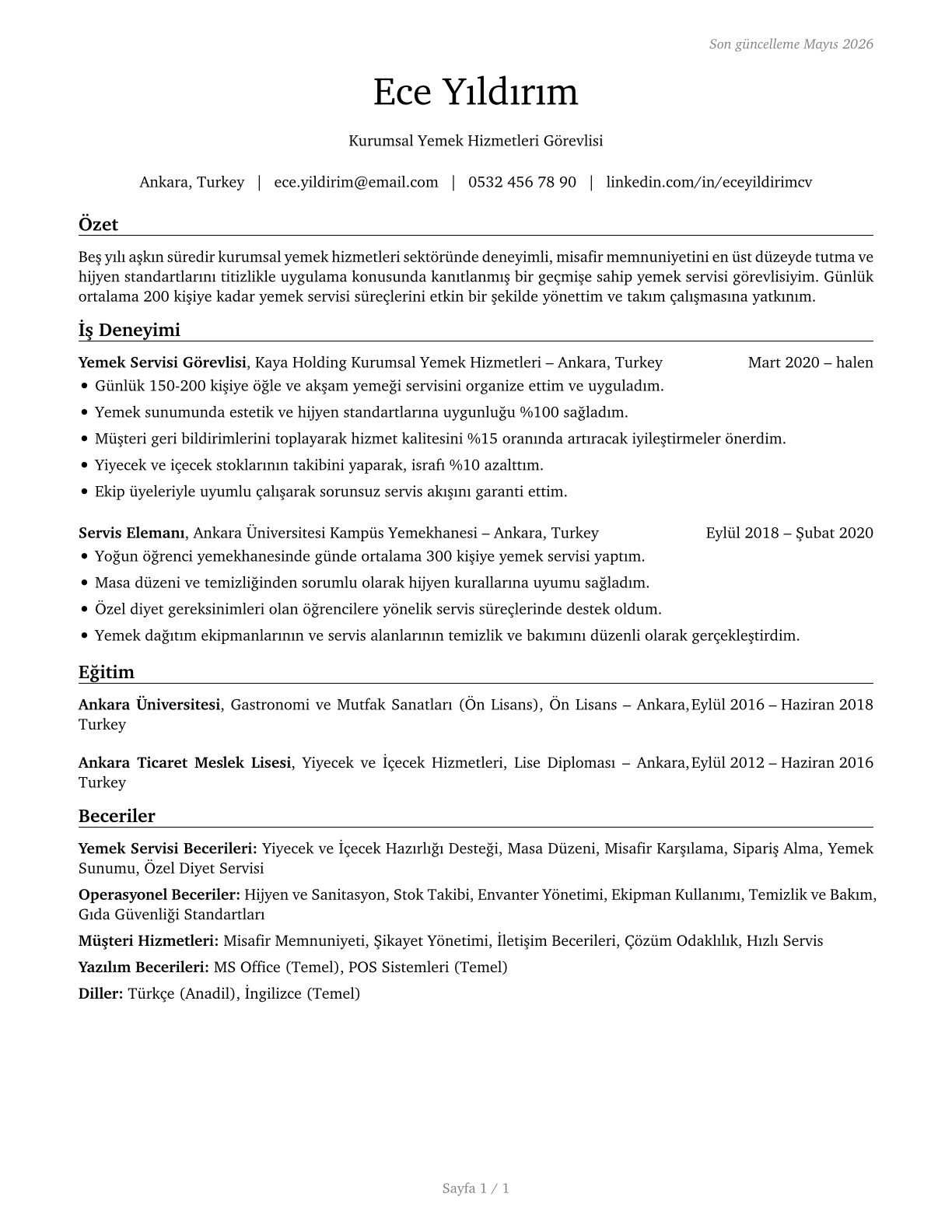 Food Servers, Nonrestaurant CV in Turkish — page 1