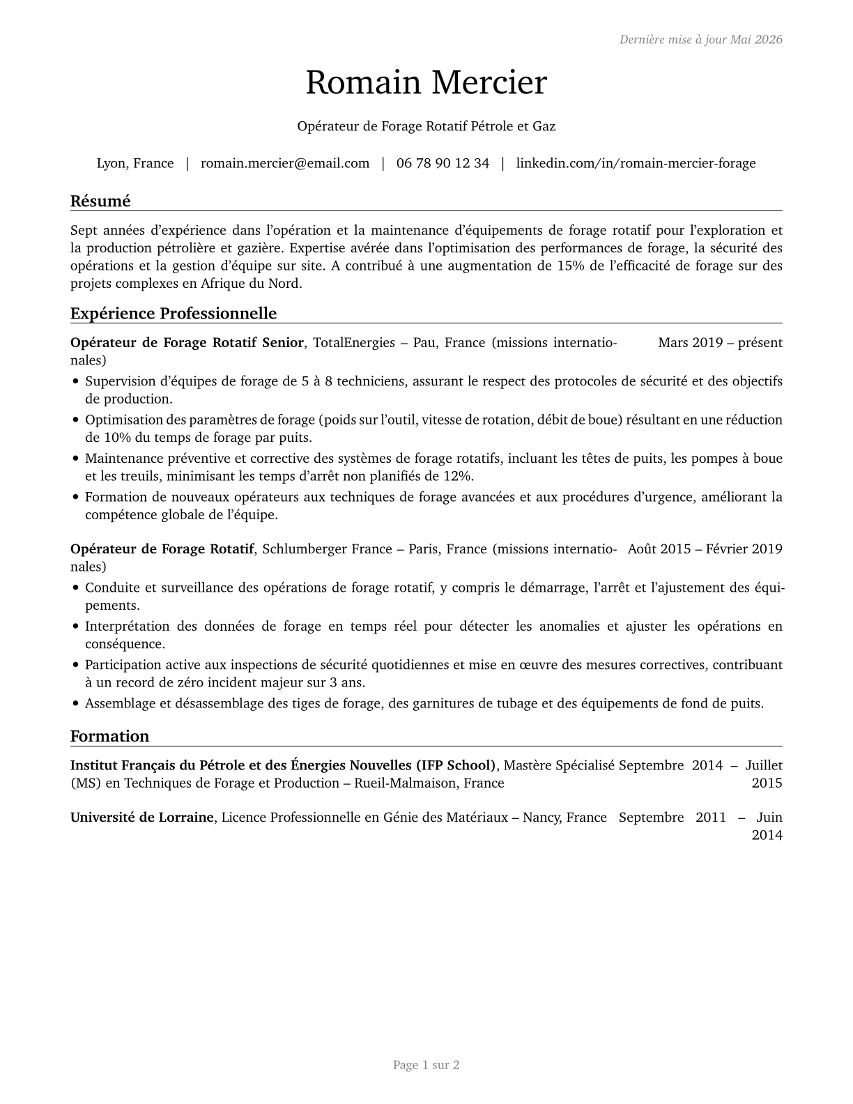 Rotary Drill Operators, Oil and Gas CV in French — page 1