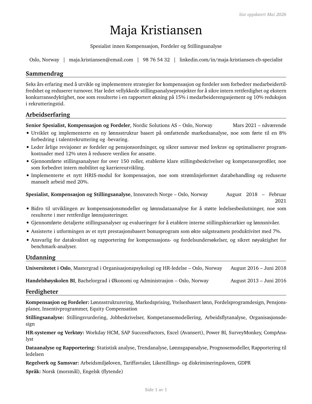 Compensation, Benefits, and Job Analysis Specialists CV in Norwegian_bokmal — page 1