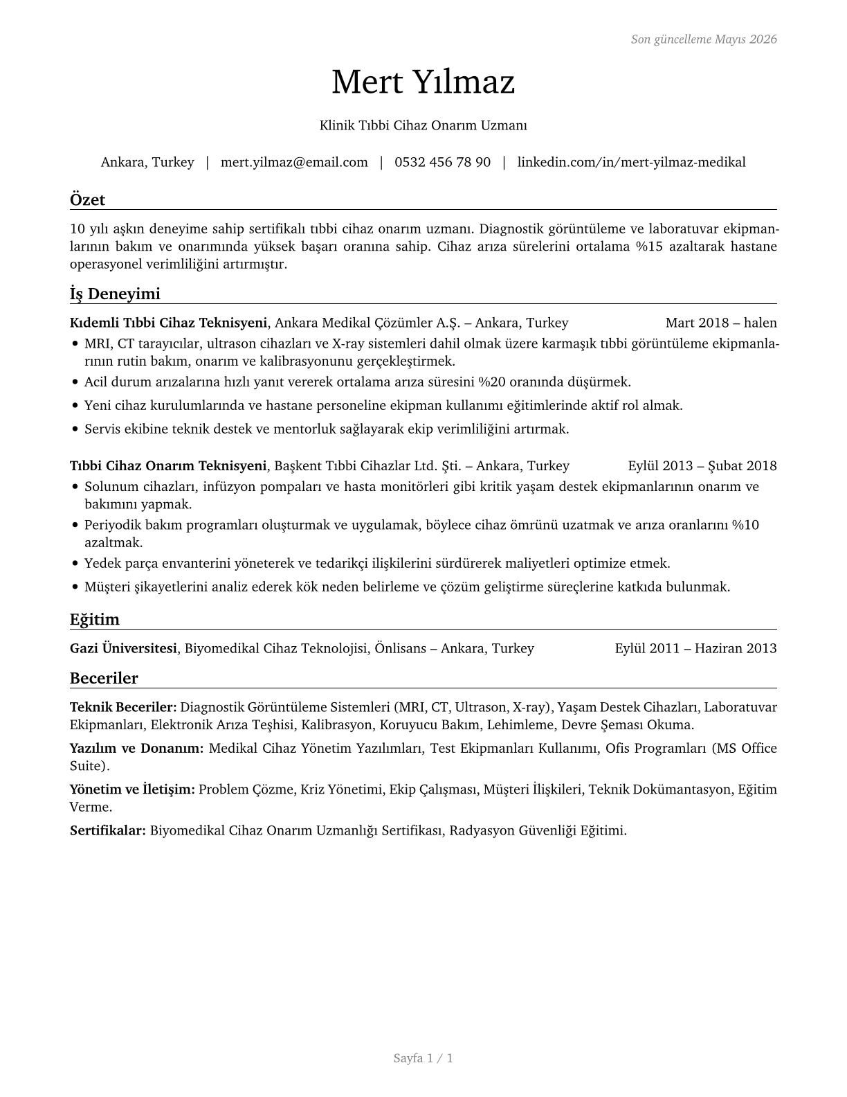 Medical Equipment Repairers CV in Turkish — page 1