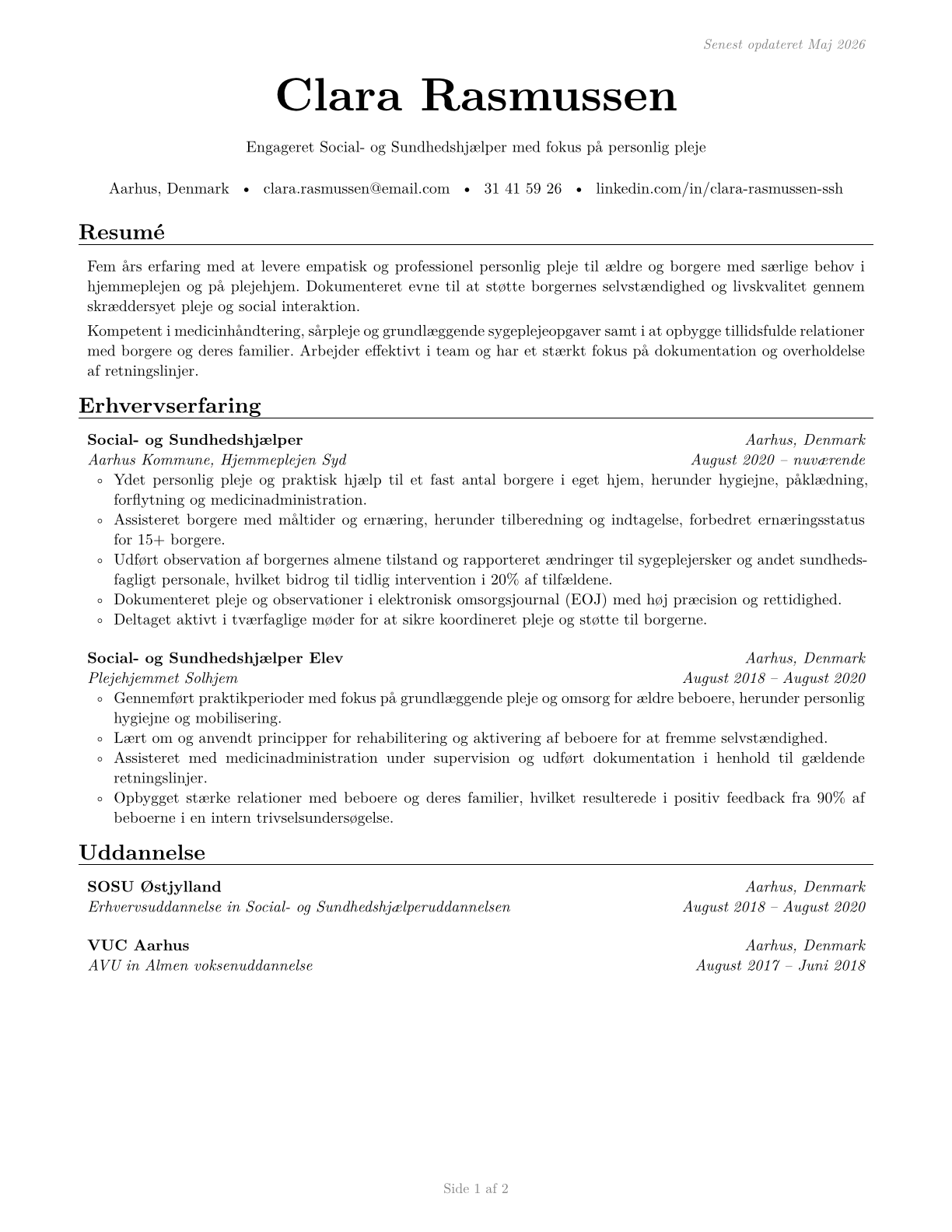 Personal Care Aides CV in Danish — page 1