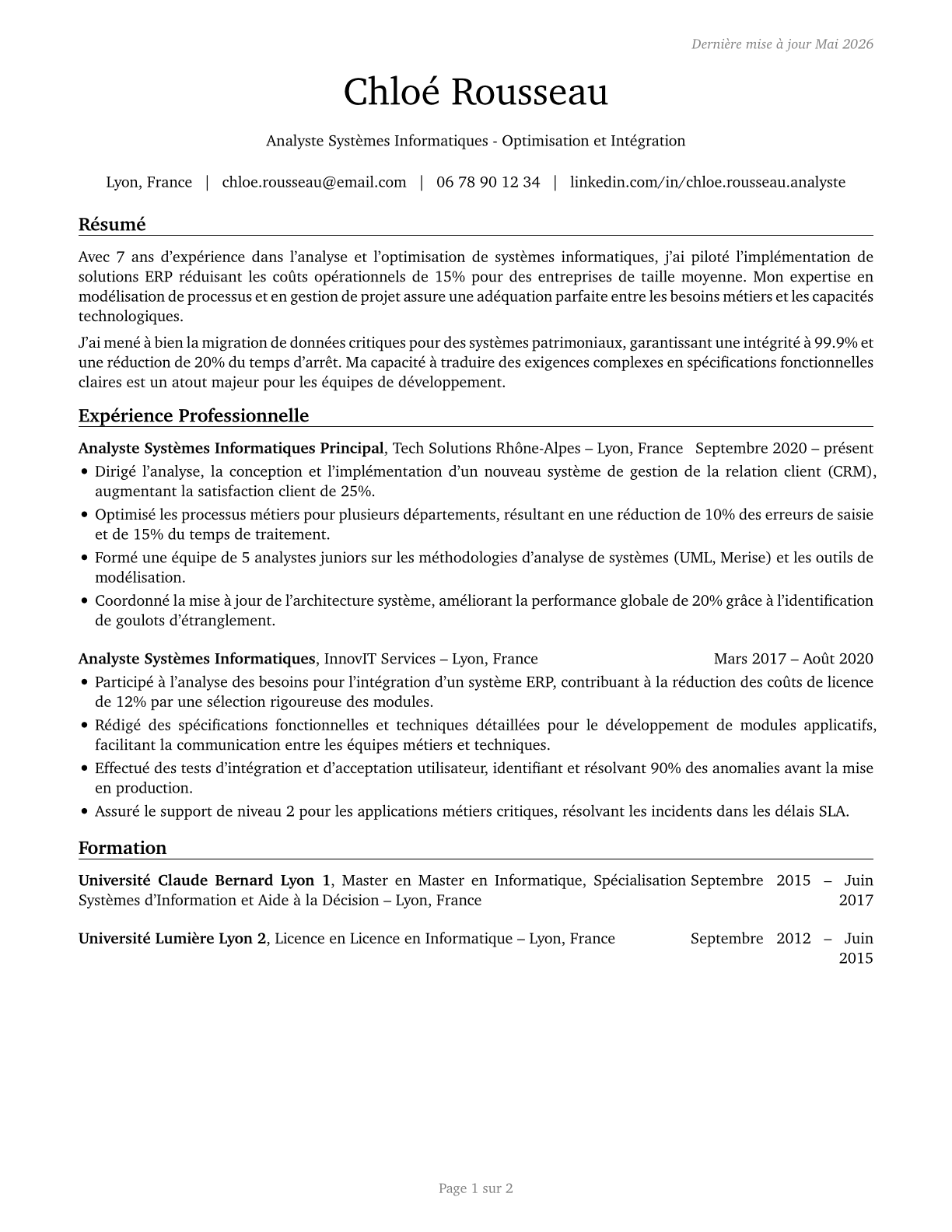 Computer Systems Analysts CV in French — page 1