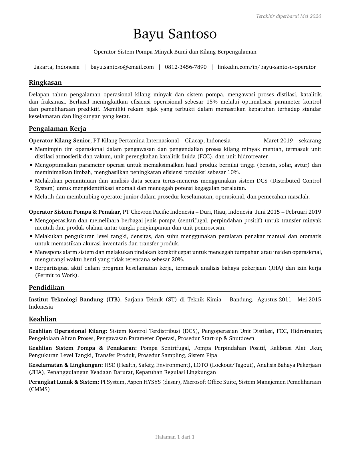 Petroleum Pump System Operators, Refinery Operators, and Gaugers CV in Indonesian — page 1