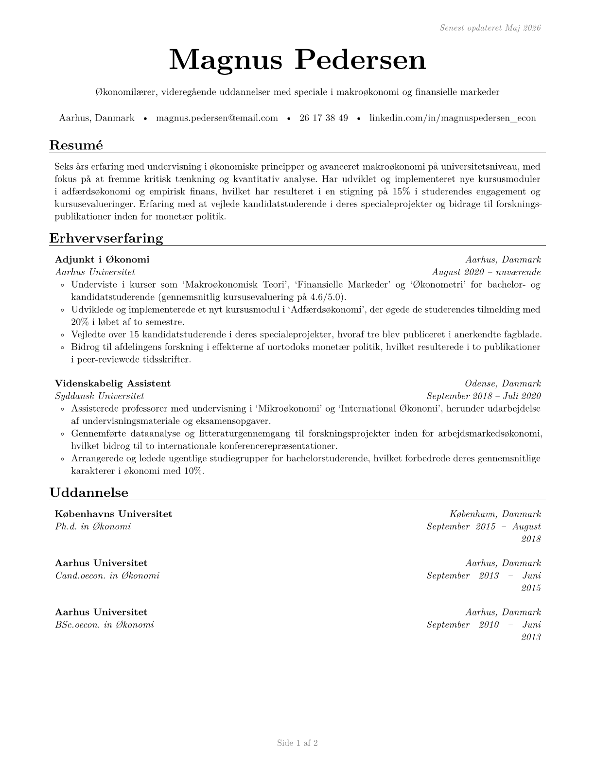 Economics Teachers, Postsecondary CV in Danish — page 1