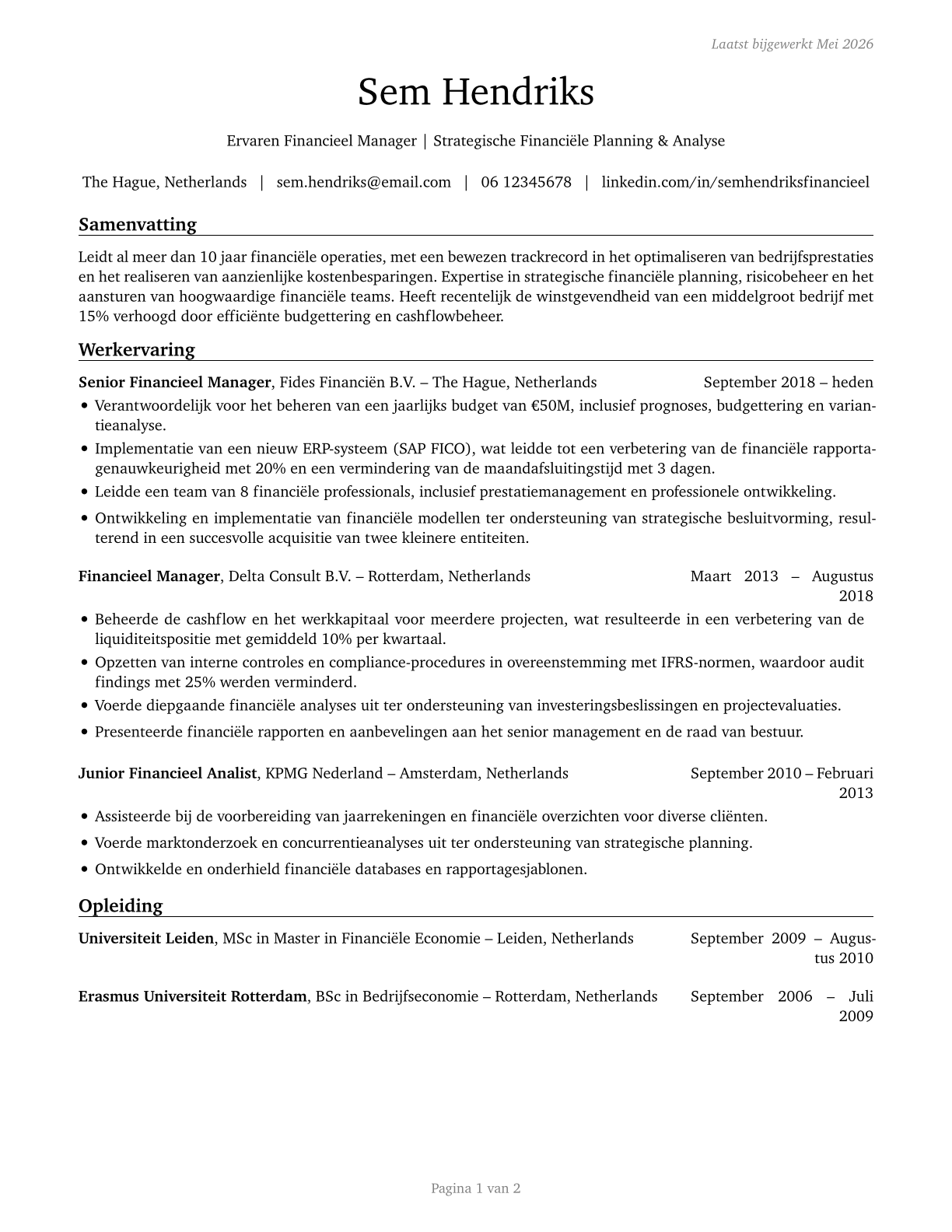 Financial Managers CV in Dutch — page 1