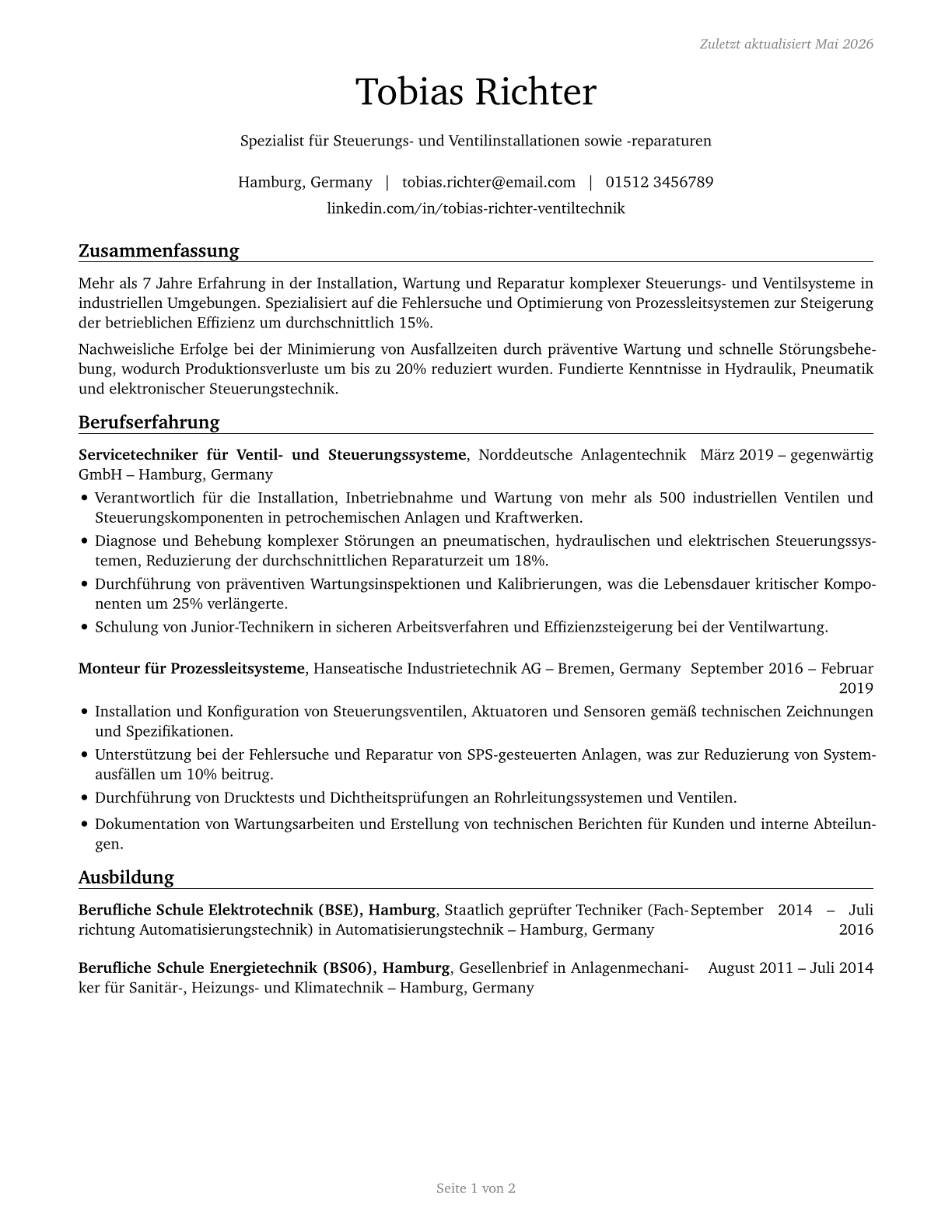 Control and Valve Installers and Repairers, Except Mechanical Door CV in German — page 1