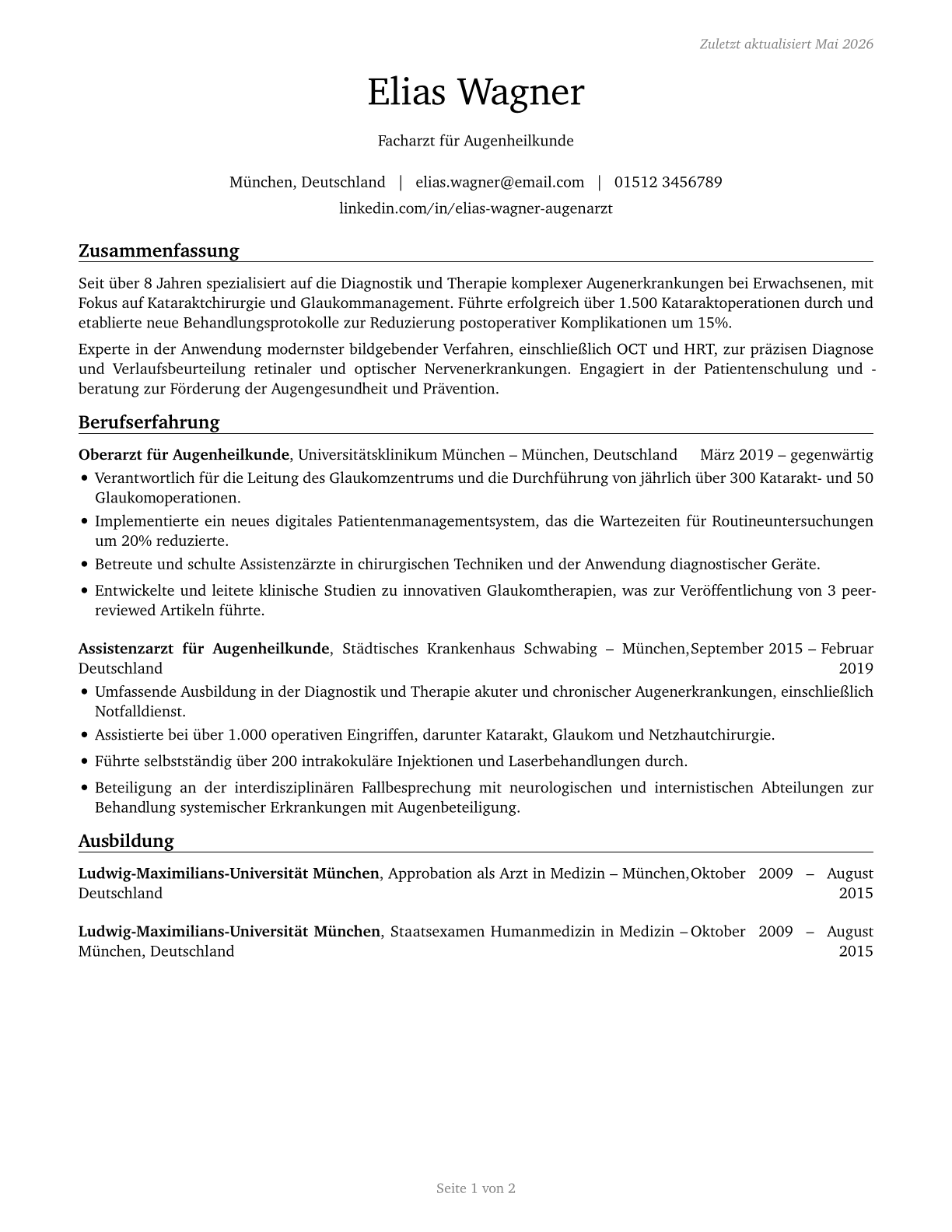Ophthalmologists, Except Pediatric CV in German — page 1