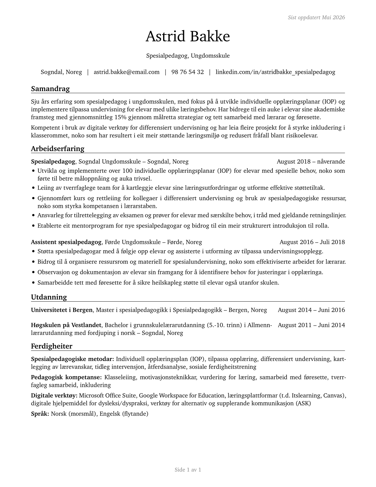 Special Education Teachers, Secondary School CV in Norwegian_nynorsk — page 1