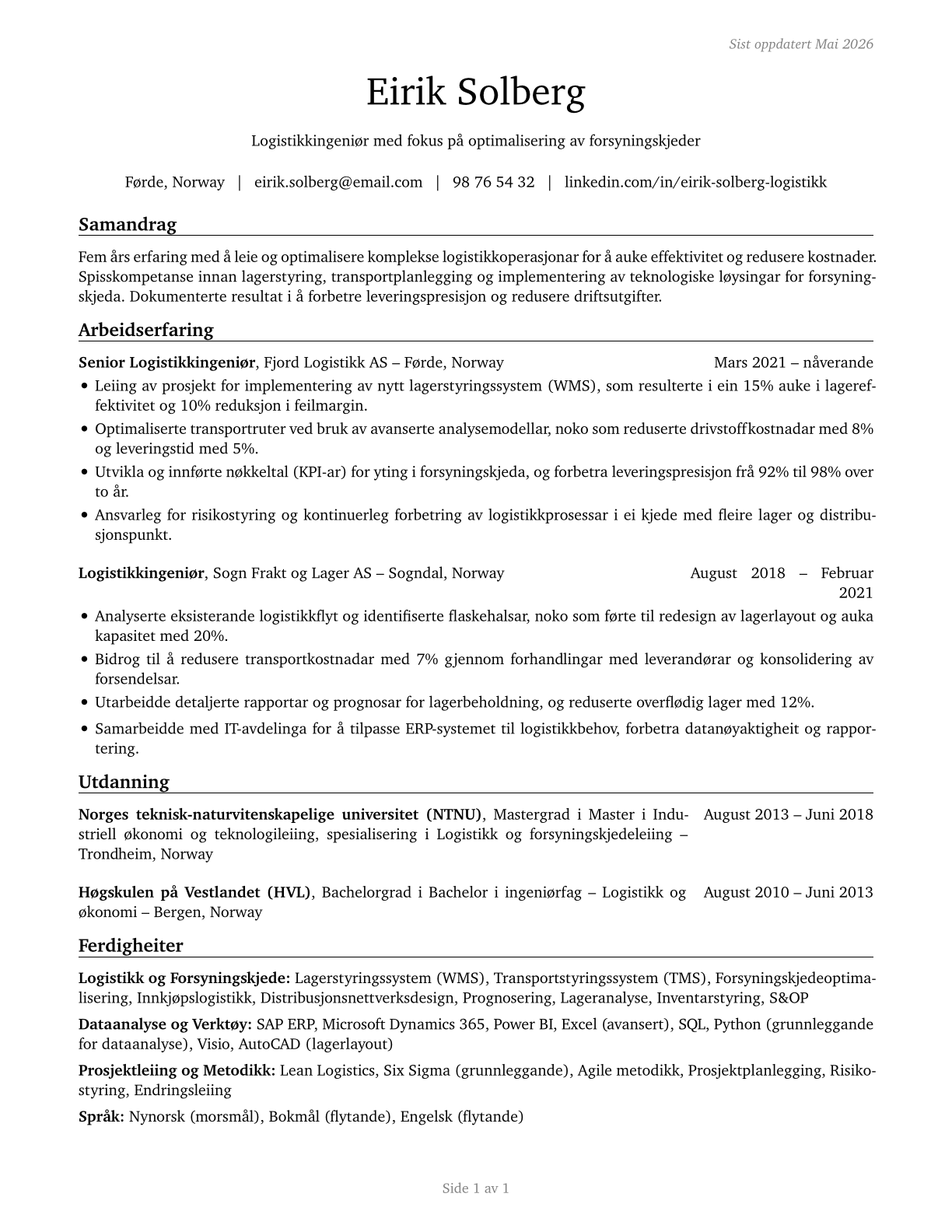 Logistics Engineers CV in Norwegian_nynorsk — page 1