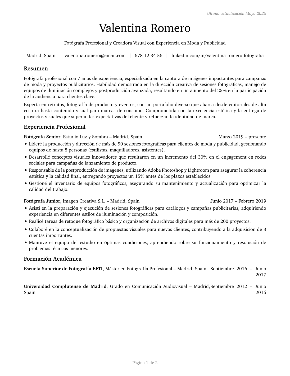 Photographers CV in Spanish — page 1