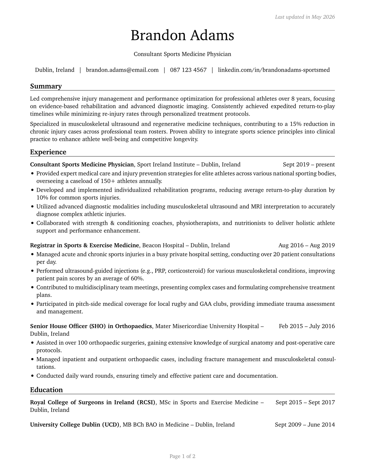 Sports Medicine Physicians CV in English — page 1