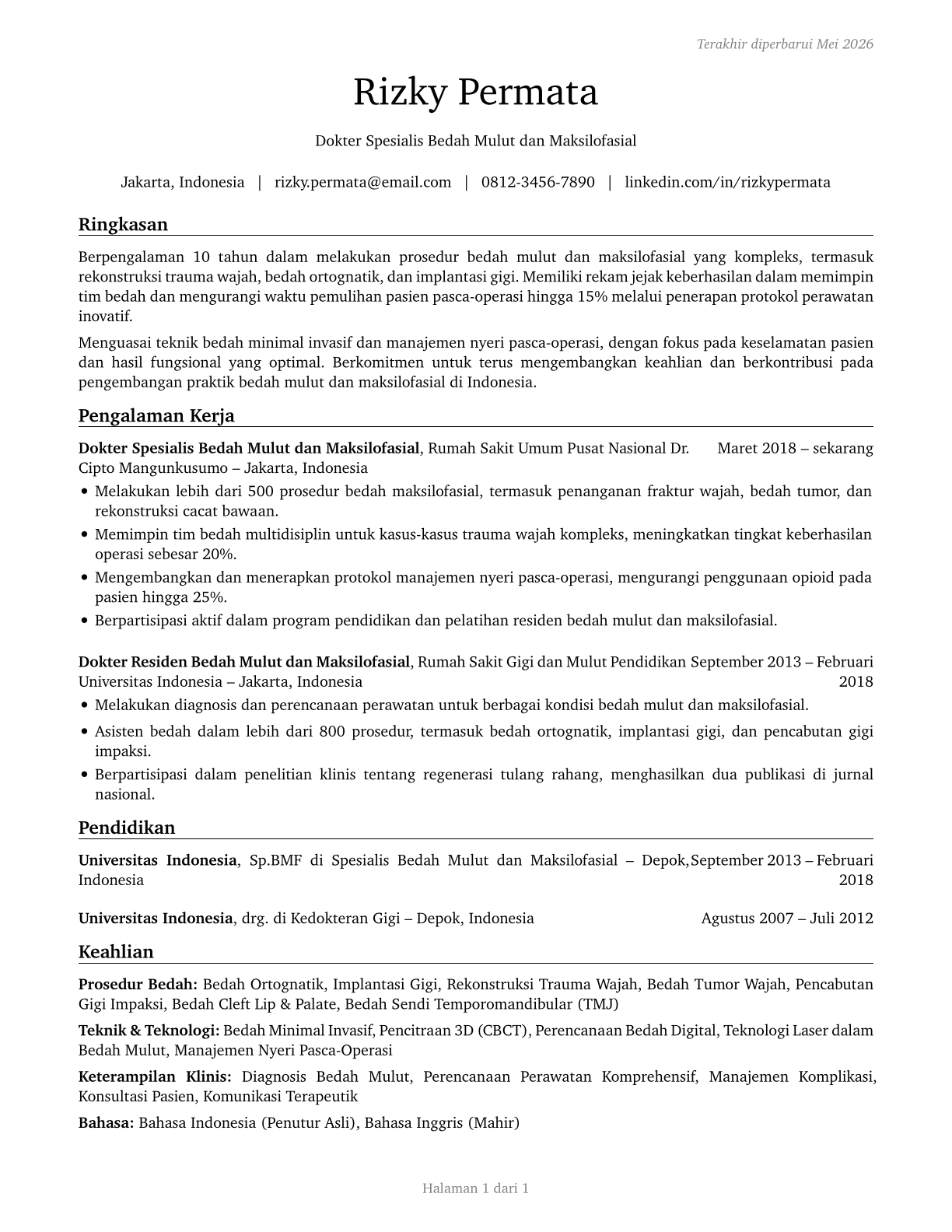 Oral and Maxillofacial Surgeons CV in Indonesian — page 1