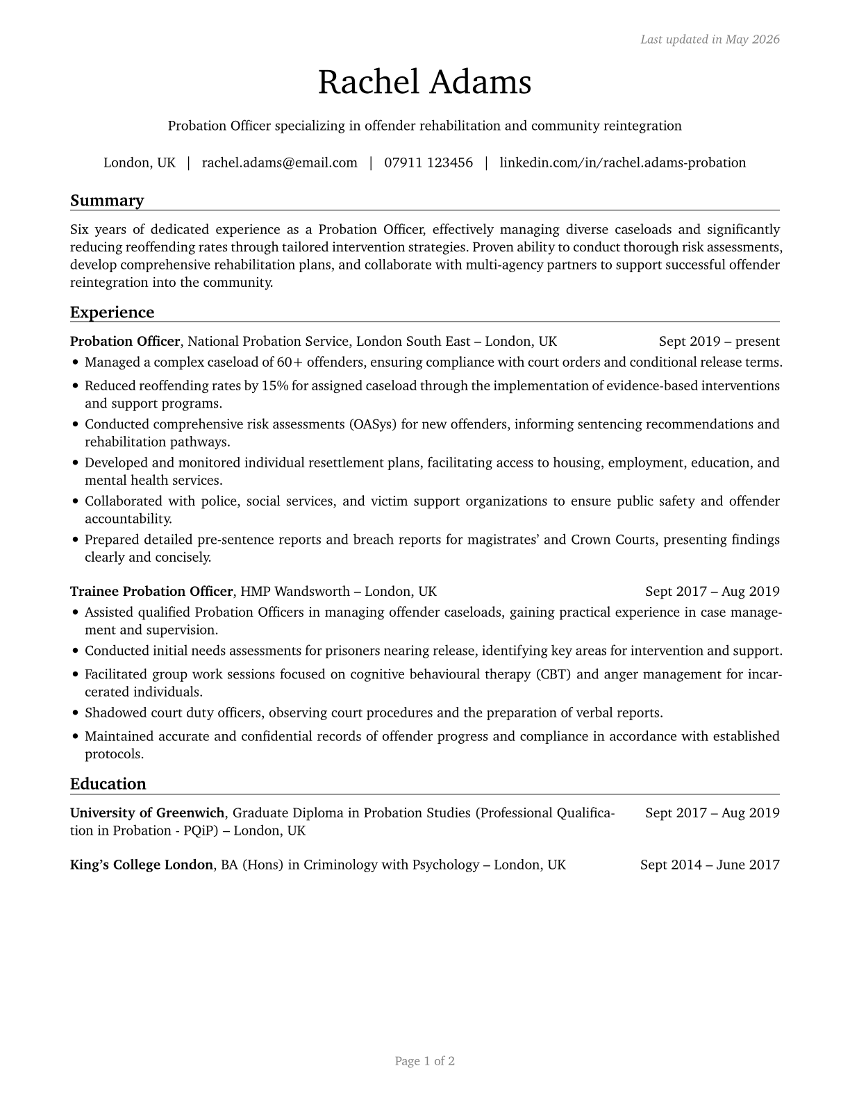 Probation Officers and Correctional Treatment Specialists CV in English — page 1