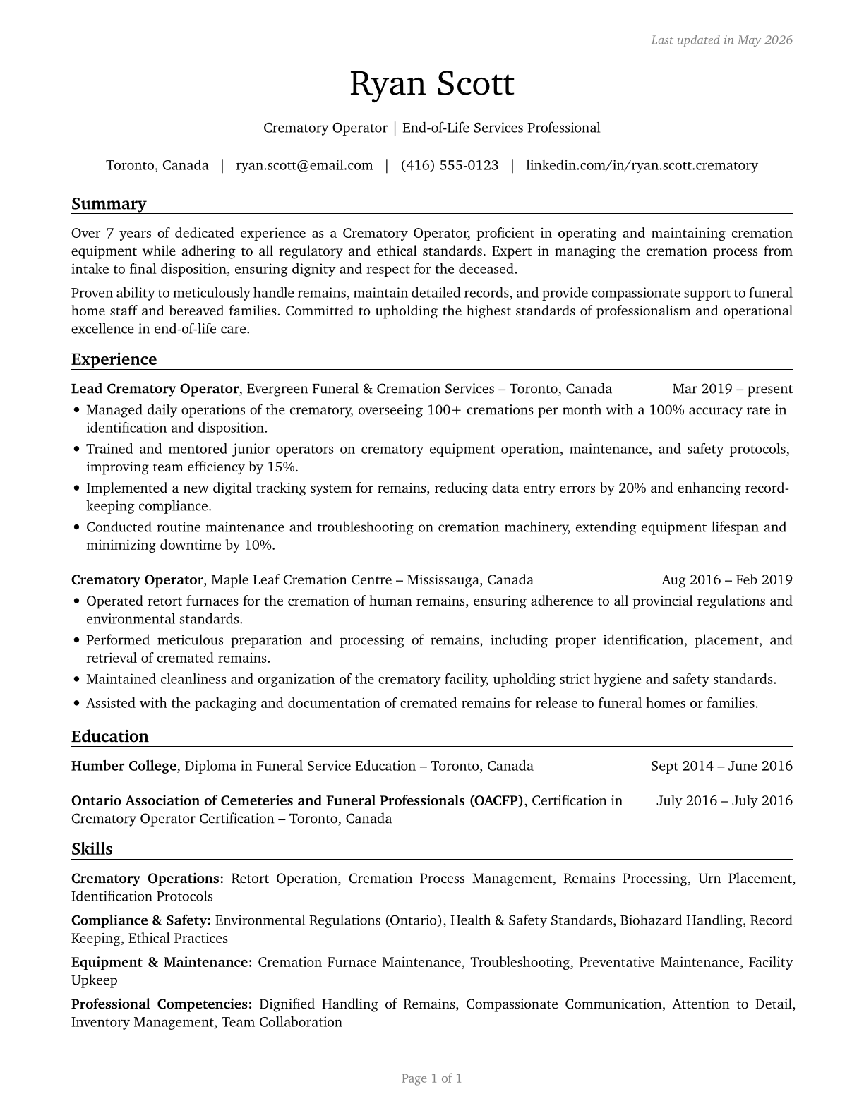 Crematory Operators CV in English — page 1