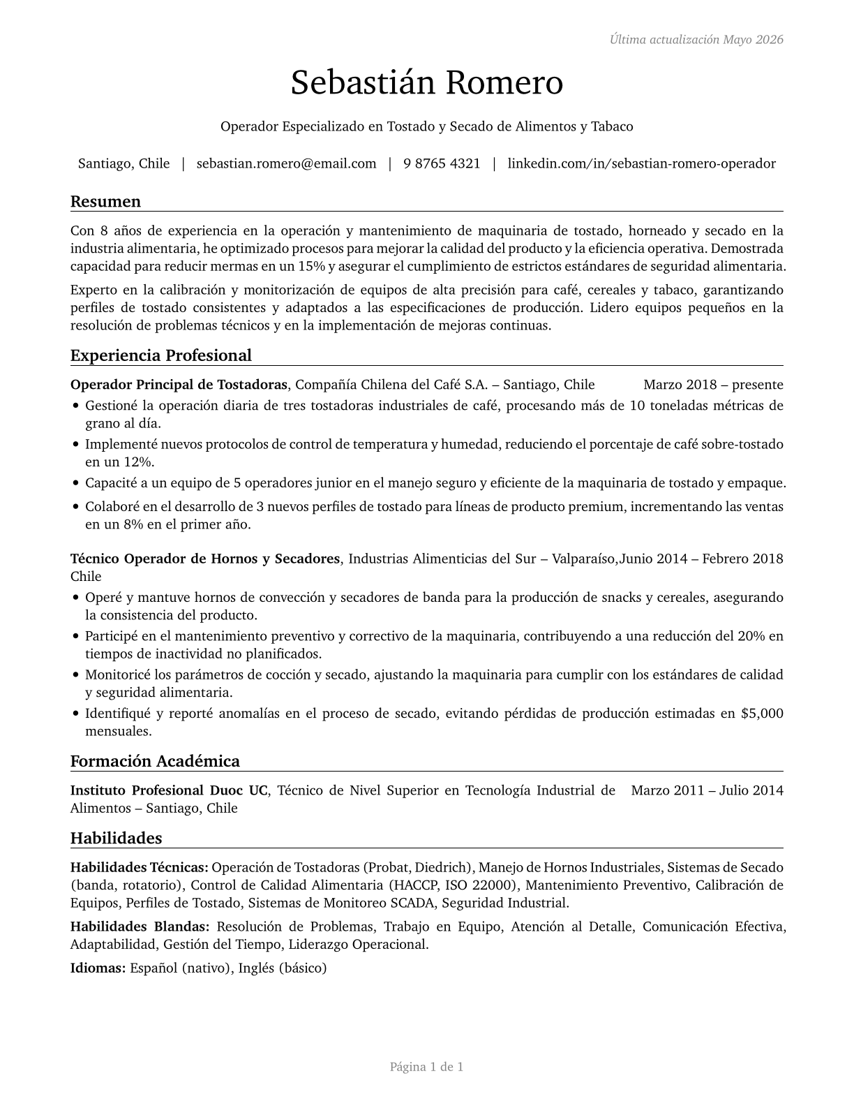 Food and Tobacco Roasting, Baking, and Drying Machine Operators and Tenders CV in Spanish — page 1