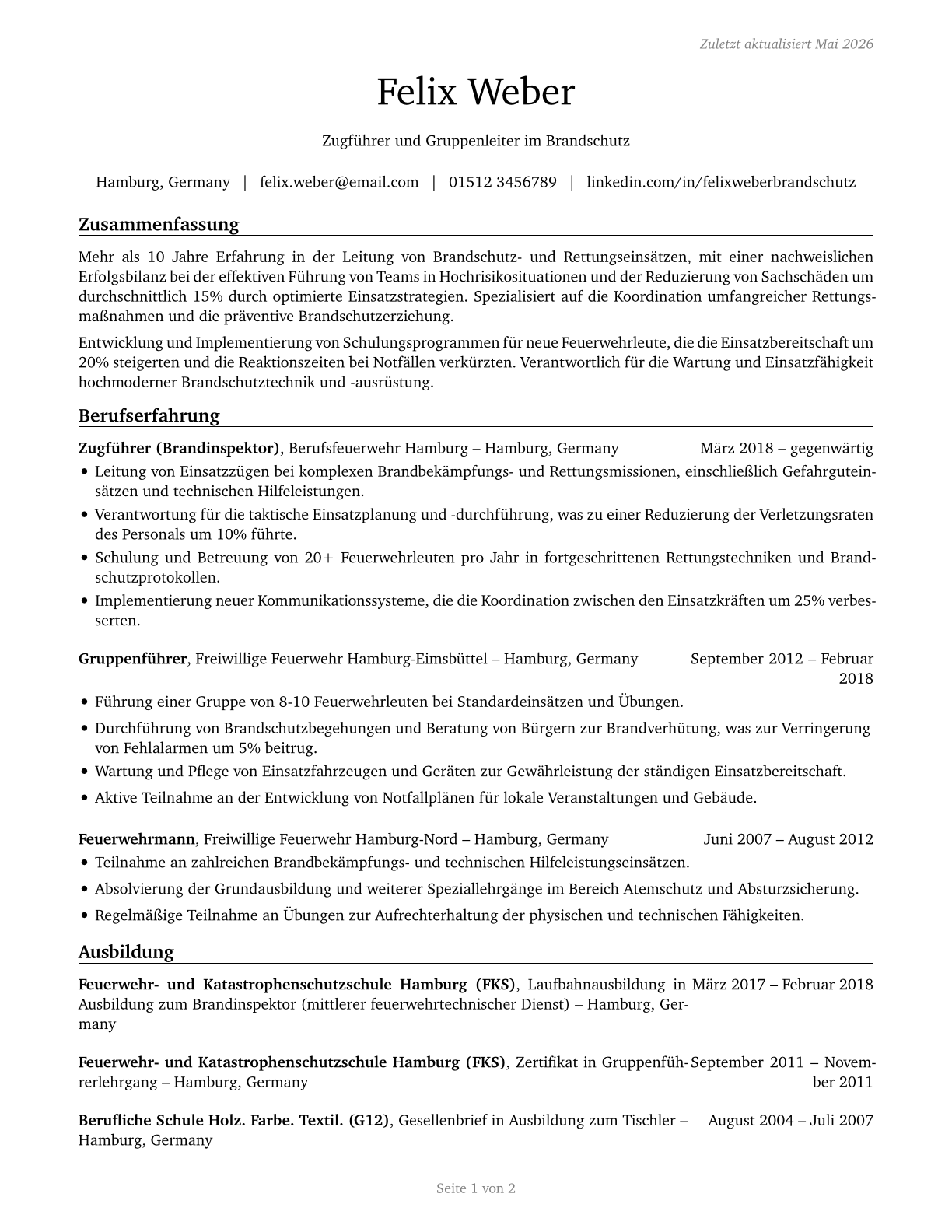 First-Line Supervisors of Firefighting and Prevention Workers CV in German — page 1