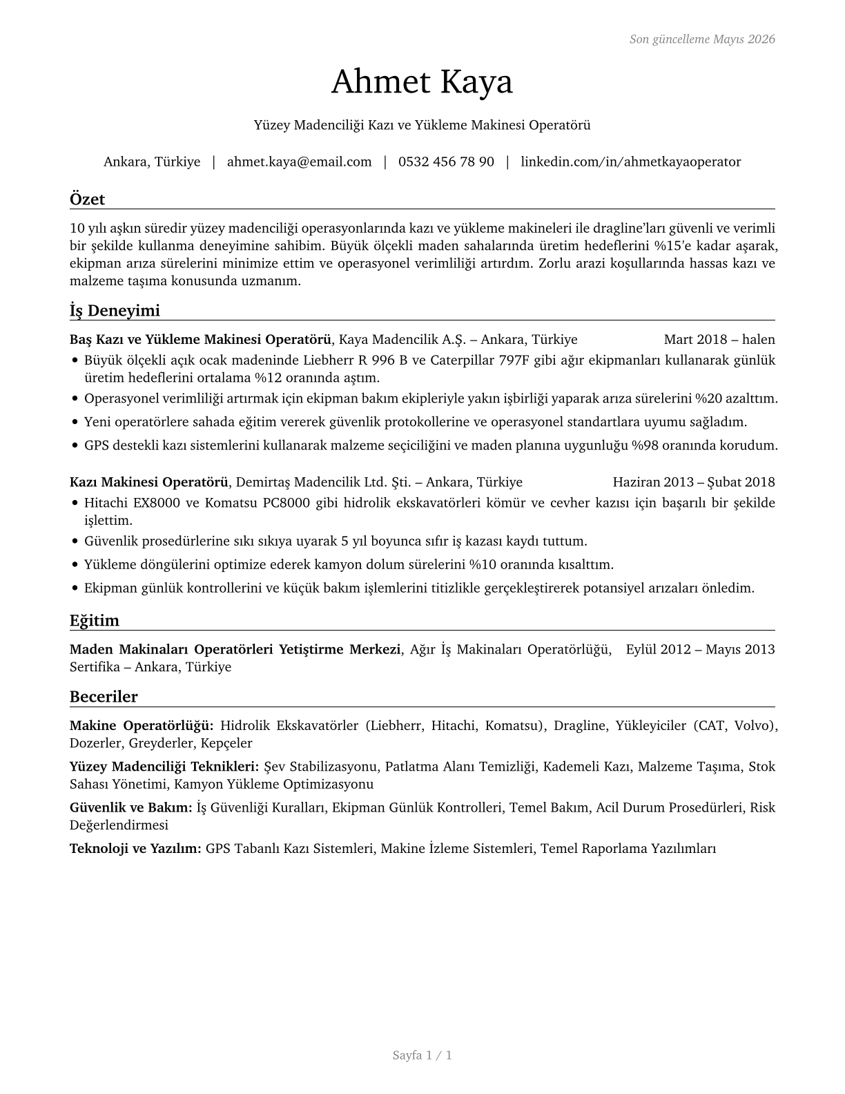 Excavating and Loading Machine and Dragline Operators, Surface Mining CV in Turkish — page 1