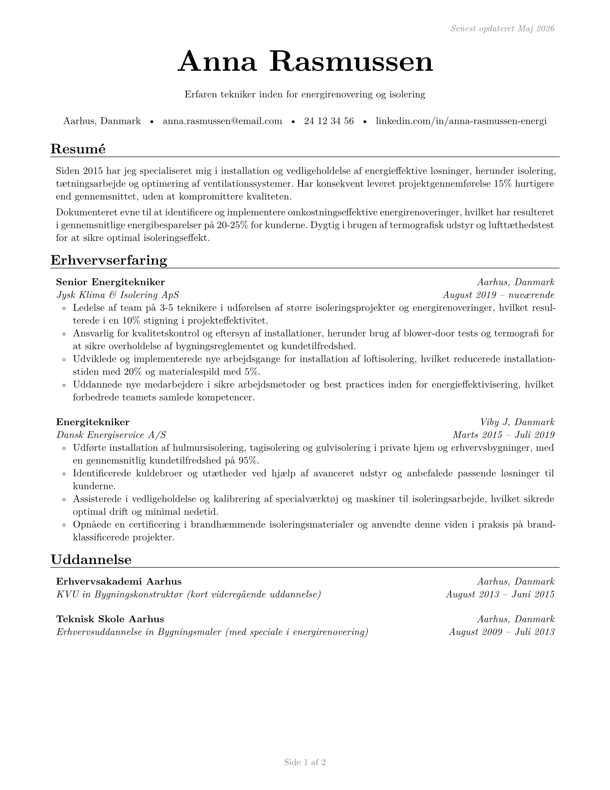 Weatherization Installers and Technicians CV in Danish — page 1