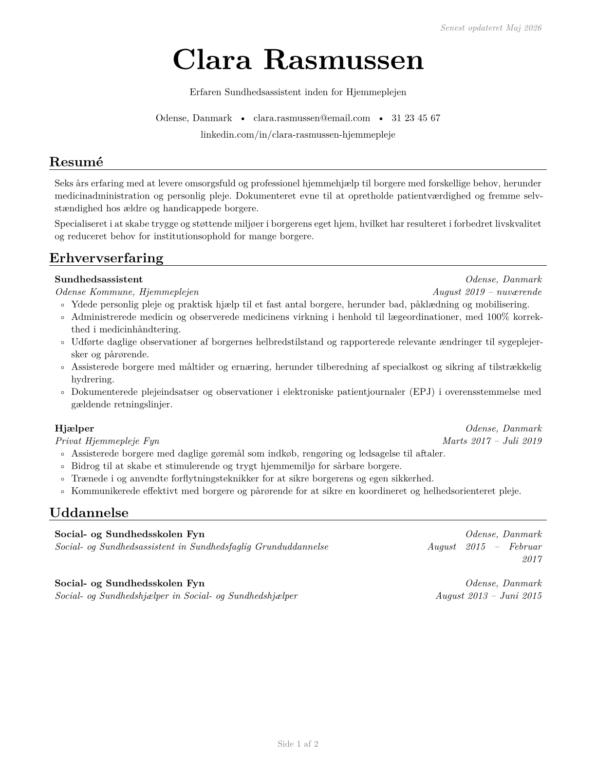 Home Health Aides CV in Danish — page 1
