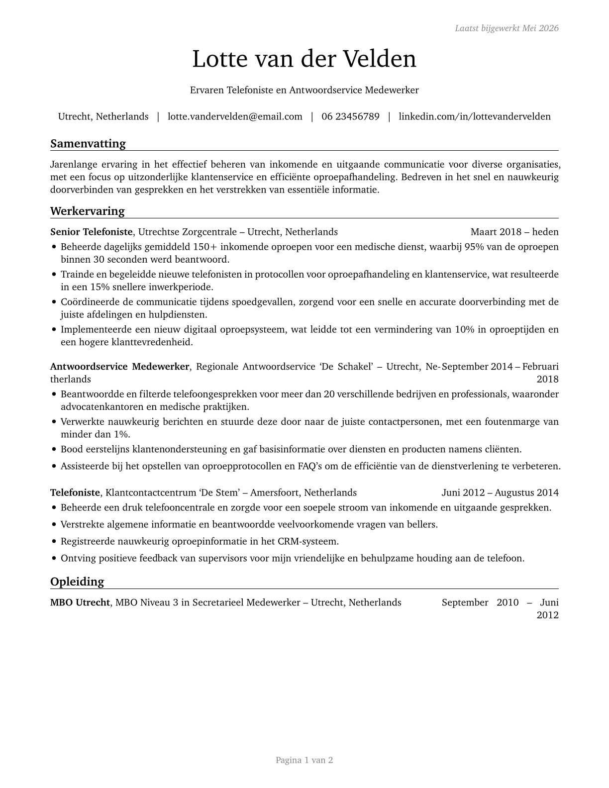 Switchboard Operators, Including Answering Service CV in Dutch — page 1