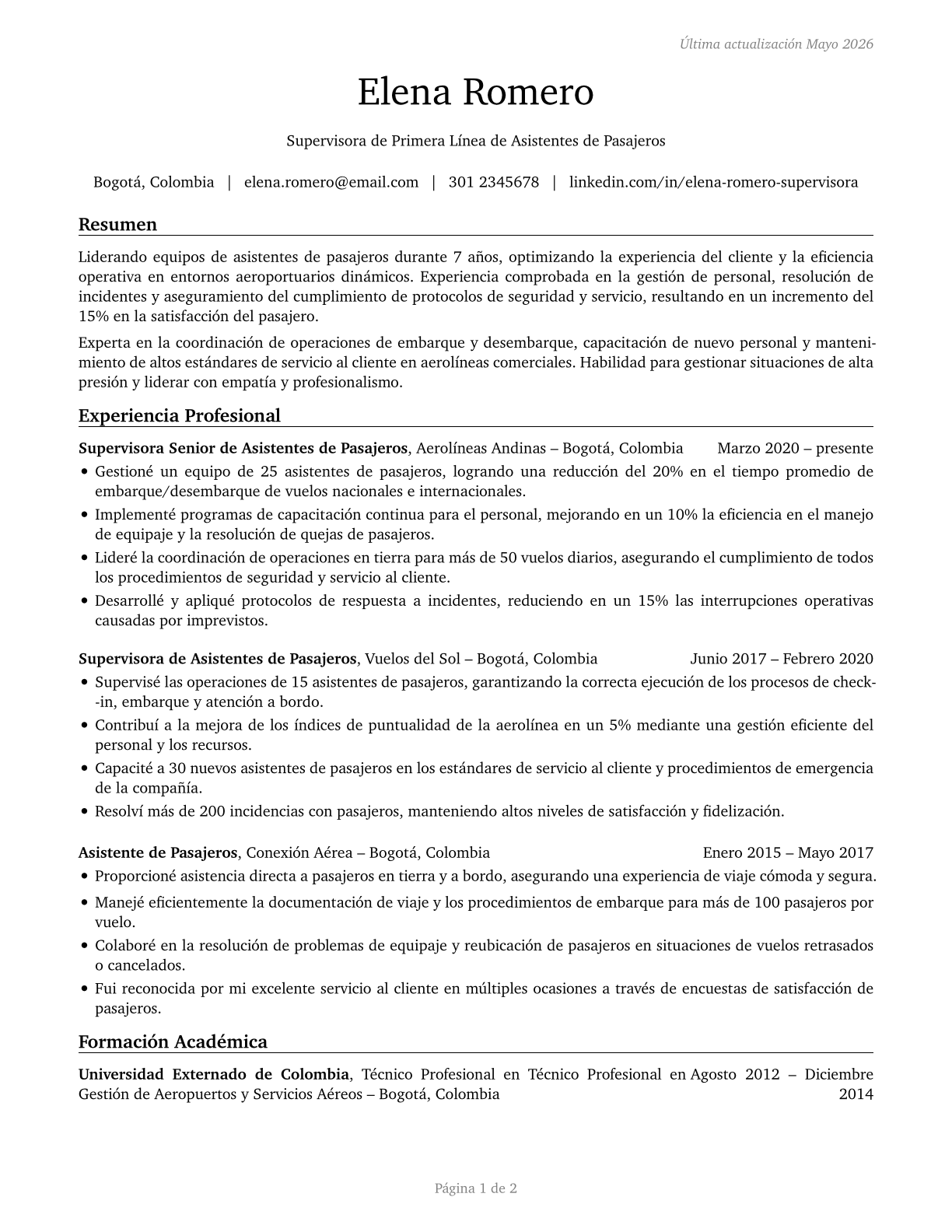 First-Line Supervisors of Passenger Attendants CV in Spanish — page 1
