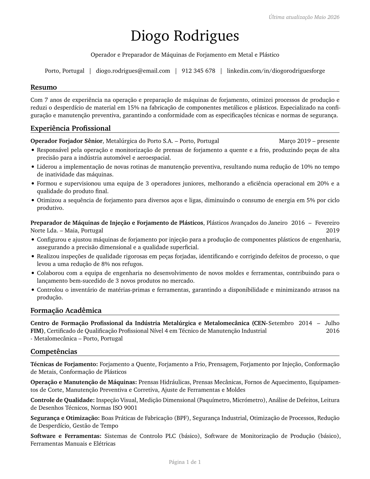 Forging Machine Setters, Operators, and Tenders, Metal and Plastic CV in Portuguese — page 1