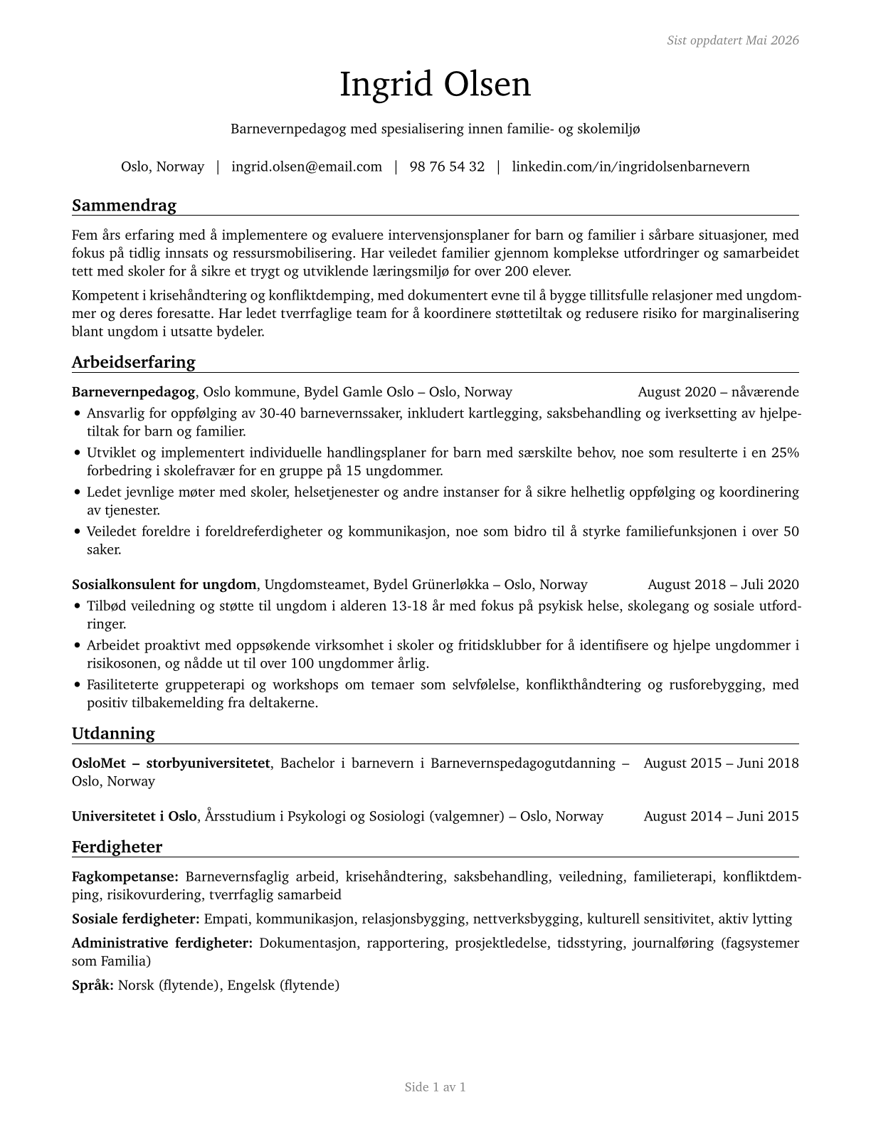 Child, Family, and School Social Workers CV in Norwegian_bokmal — page 1