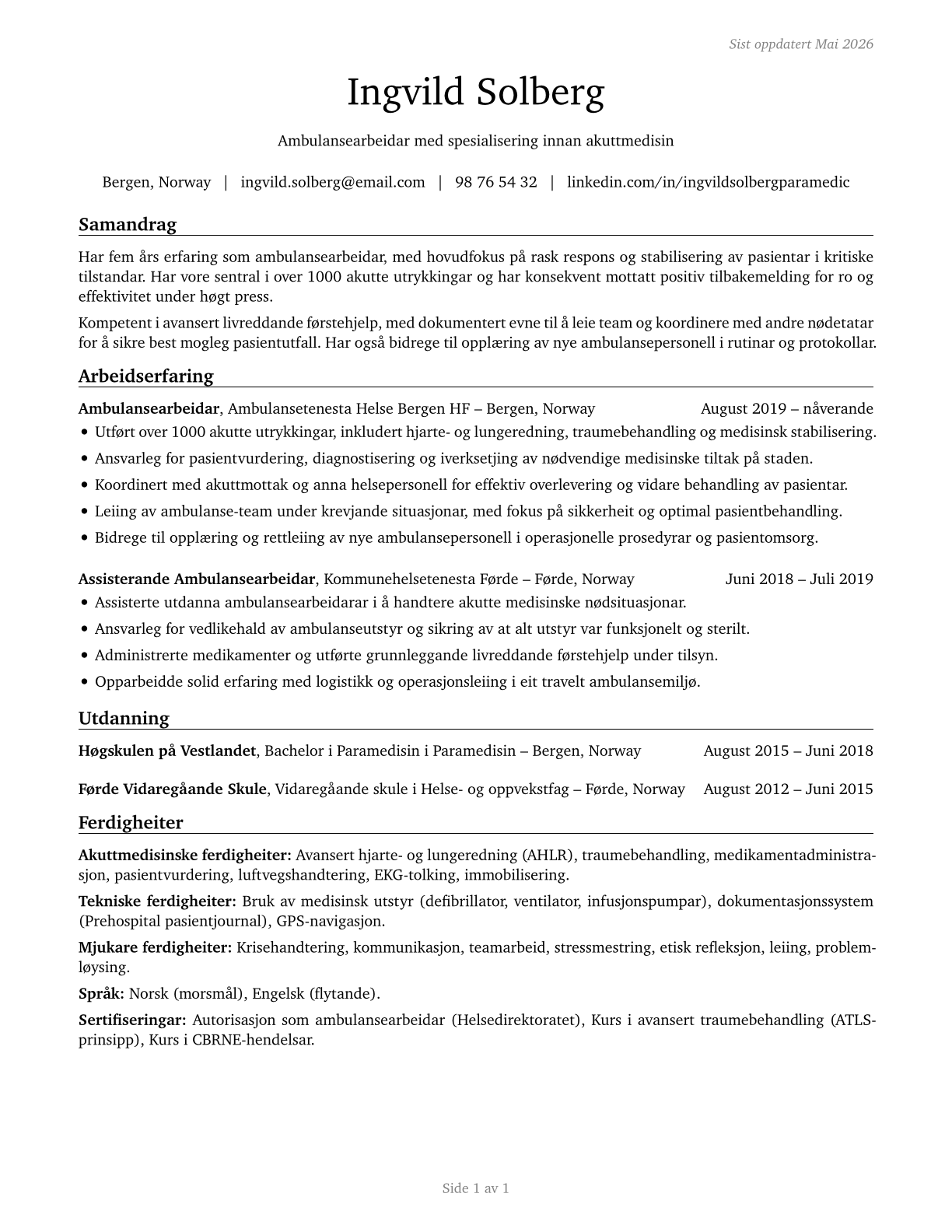 Paramedics CV in Norwegian_nynorsk — page 1