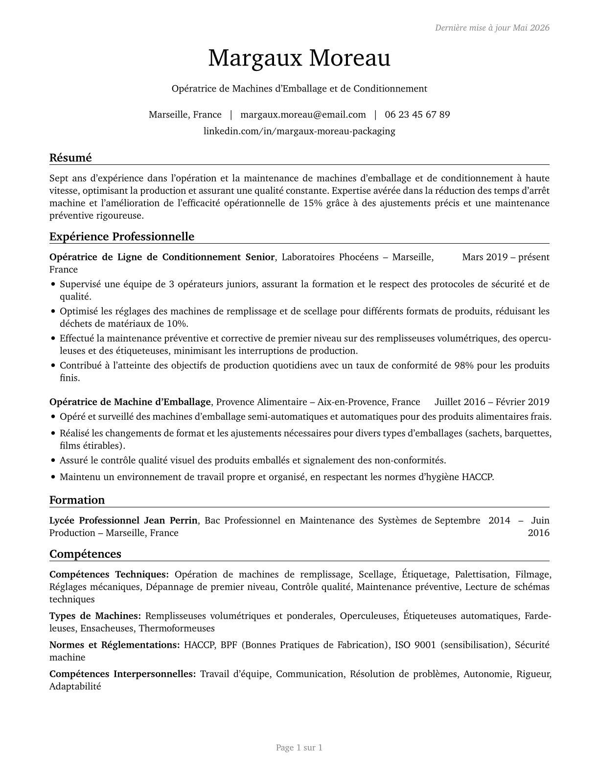 Packaging and Filling Machine Operators and Tenders CV in French — page 1