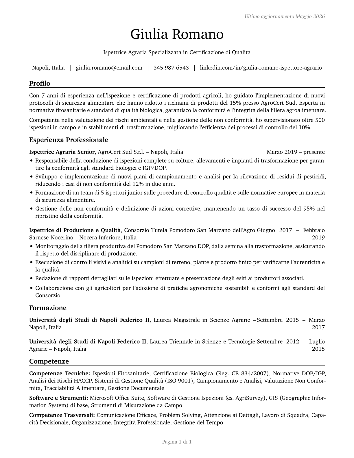 Agricultural Inspectors CV in Italian — page 1