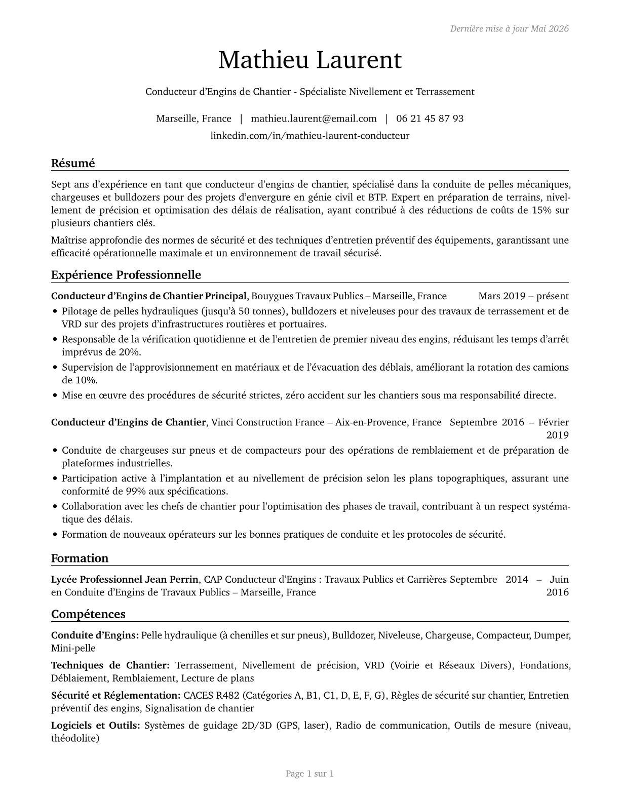 Operating Engineers and Other Construction Equipment Operators CV in French — page 1