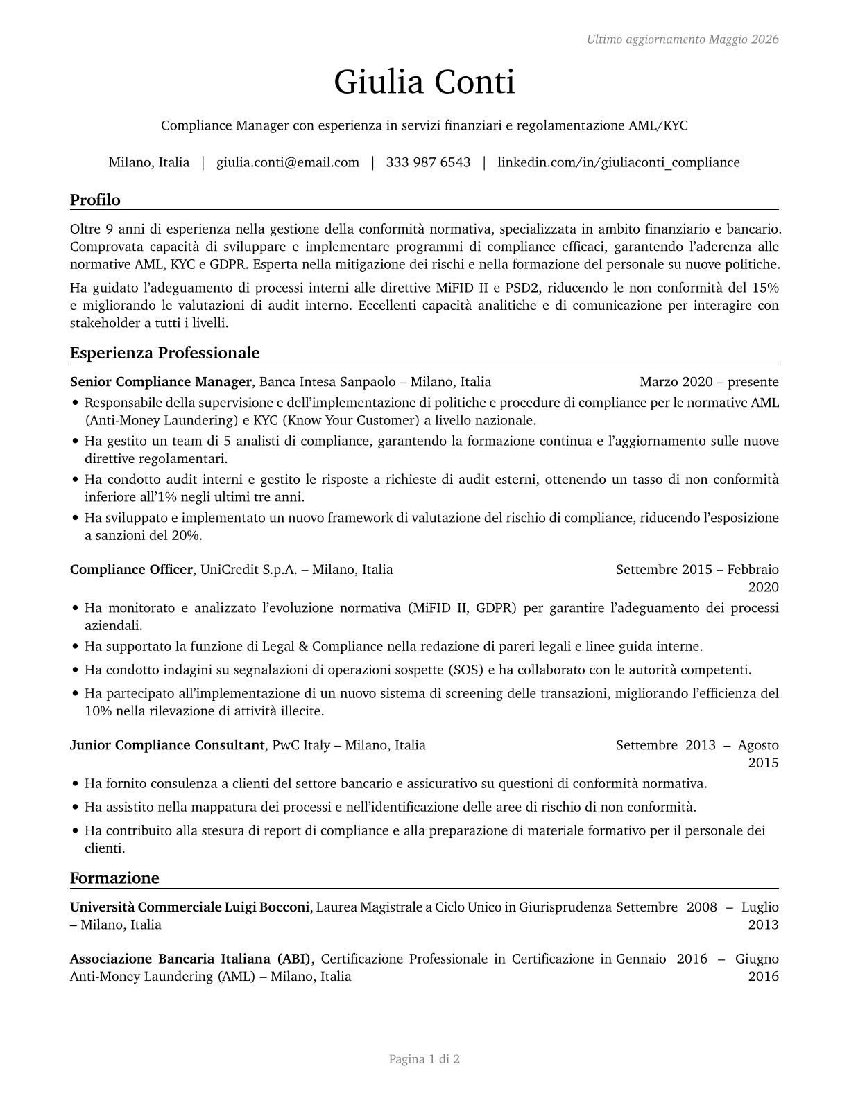 Compliance Managers CV in Italian — page 1