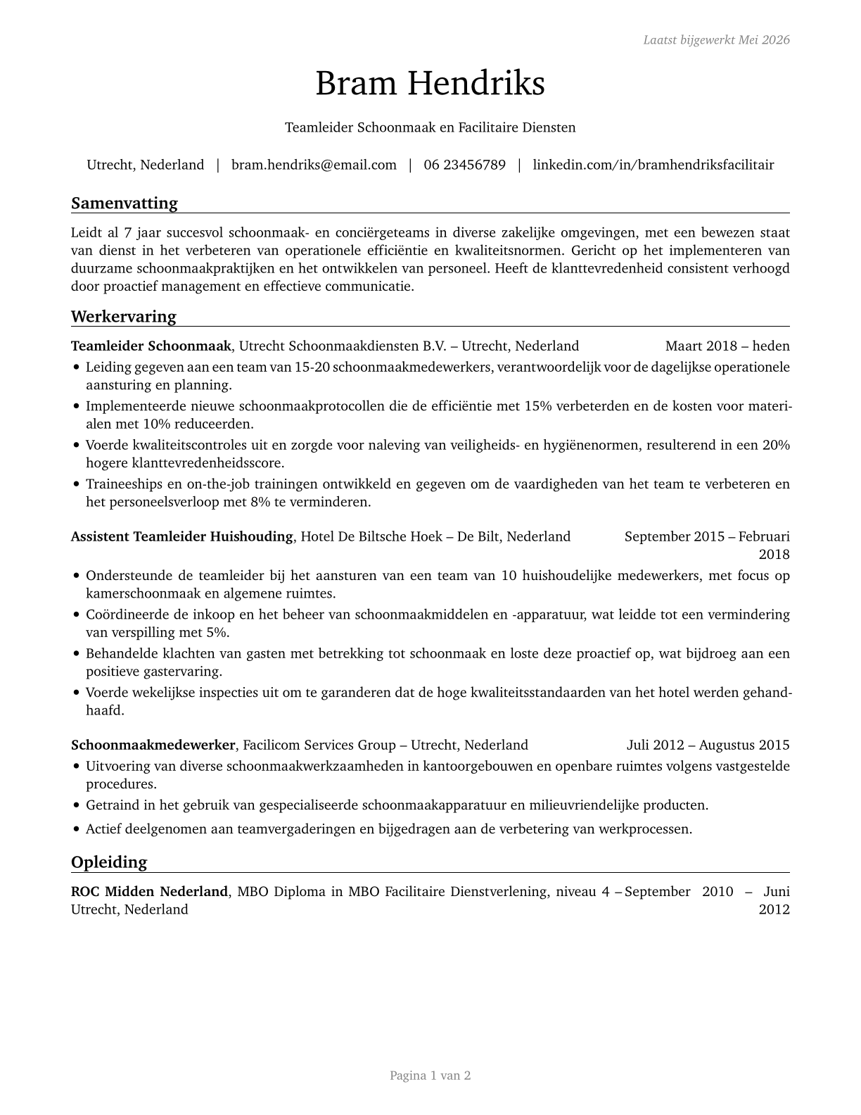 First-Line Supervisors of Housekeeping and Janitorial Workers CV in Dutch — page 1