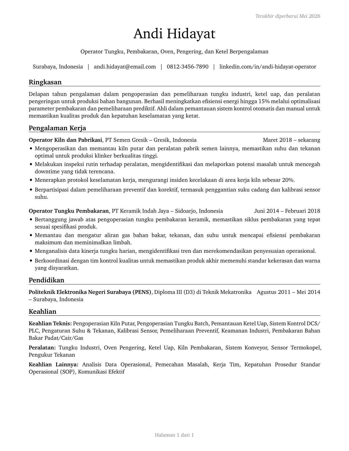 Furnace, Kiln, Oven, Drier, and Kettle Operators and Tenders CV in Indonesian — page 1