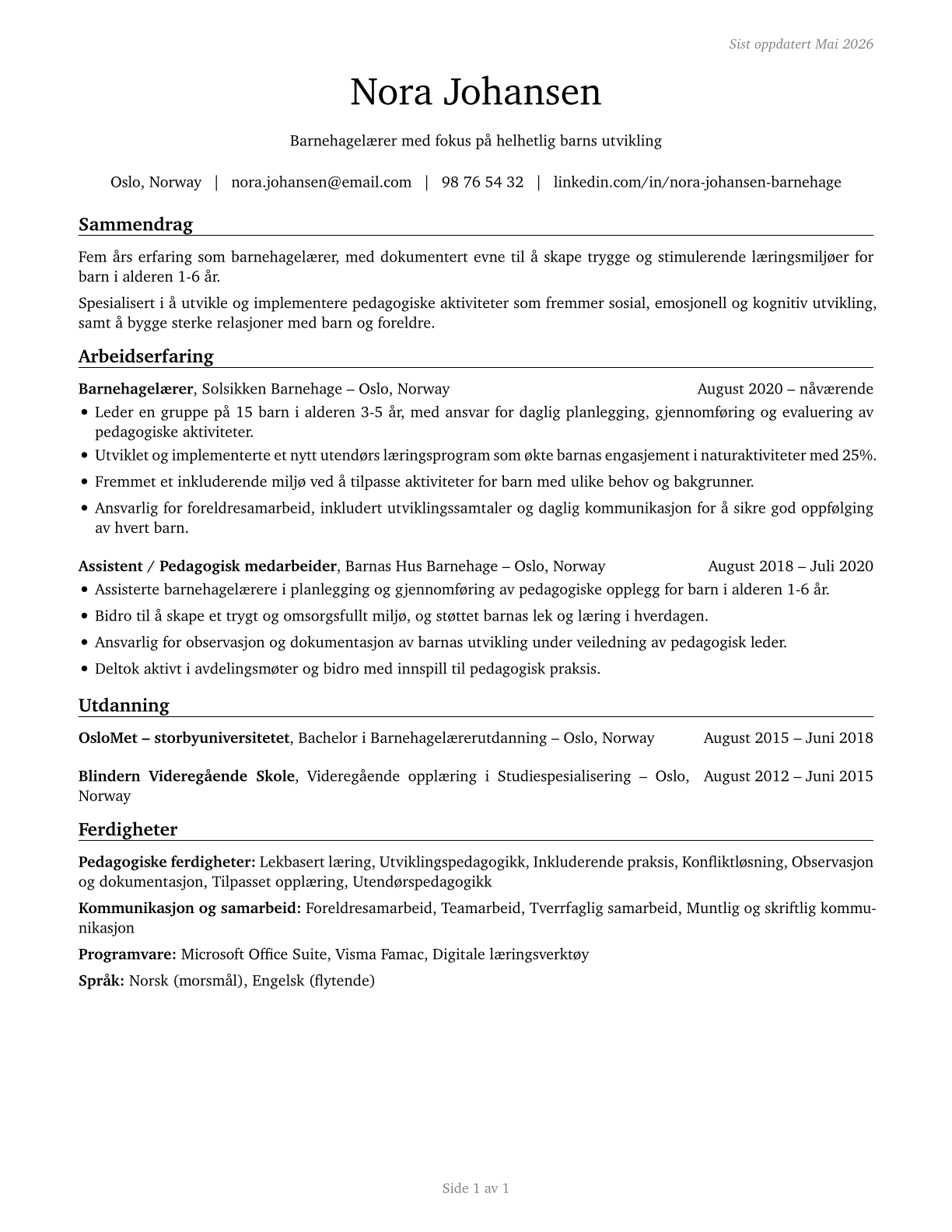 Preschool Teachers, Except Special Education CV in Norwegian_bokmal — page 1