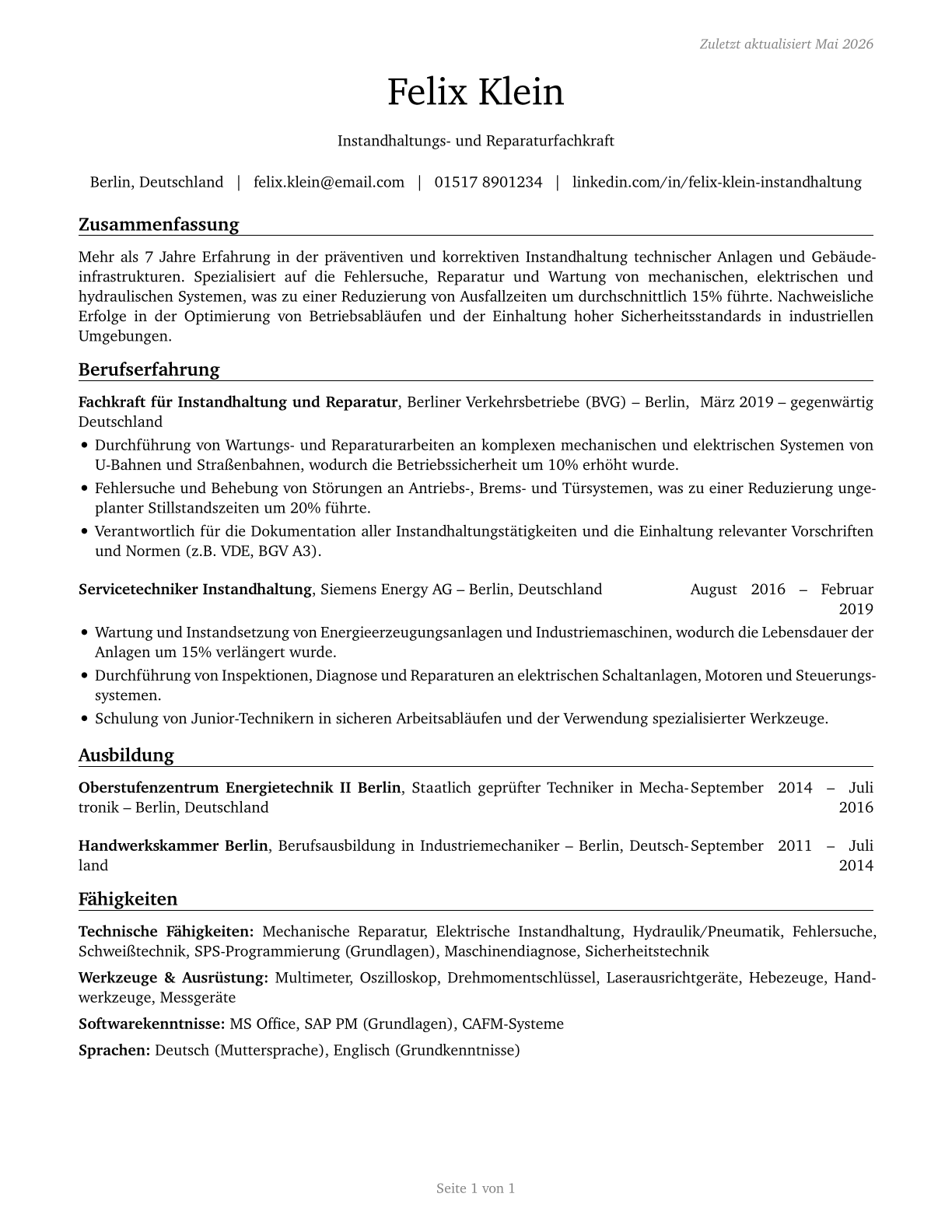 Maintenance and Repair Workers, General CV in German — page 1