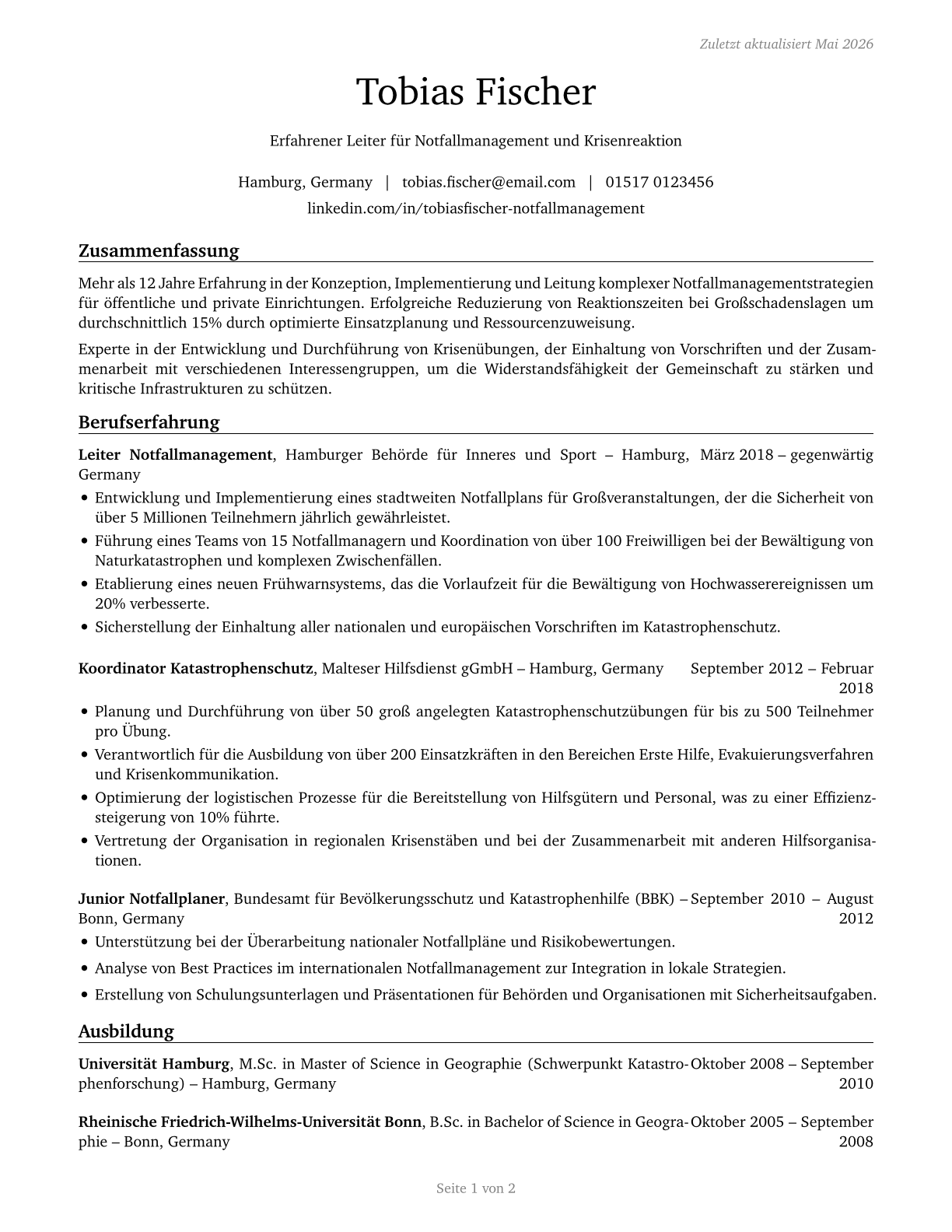 Emergency Management Directors CV in German — page 1