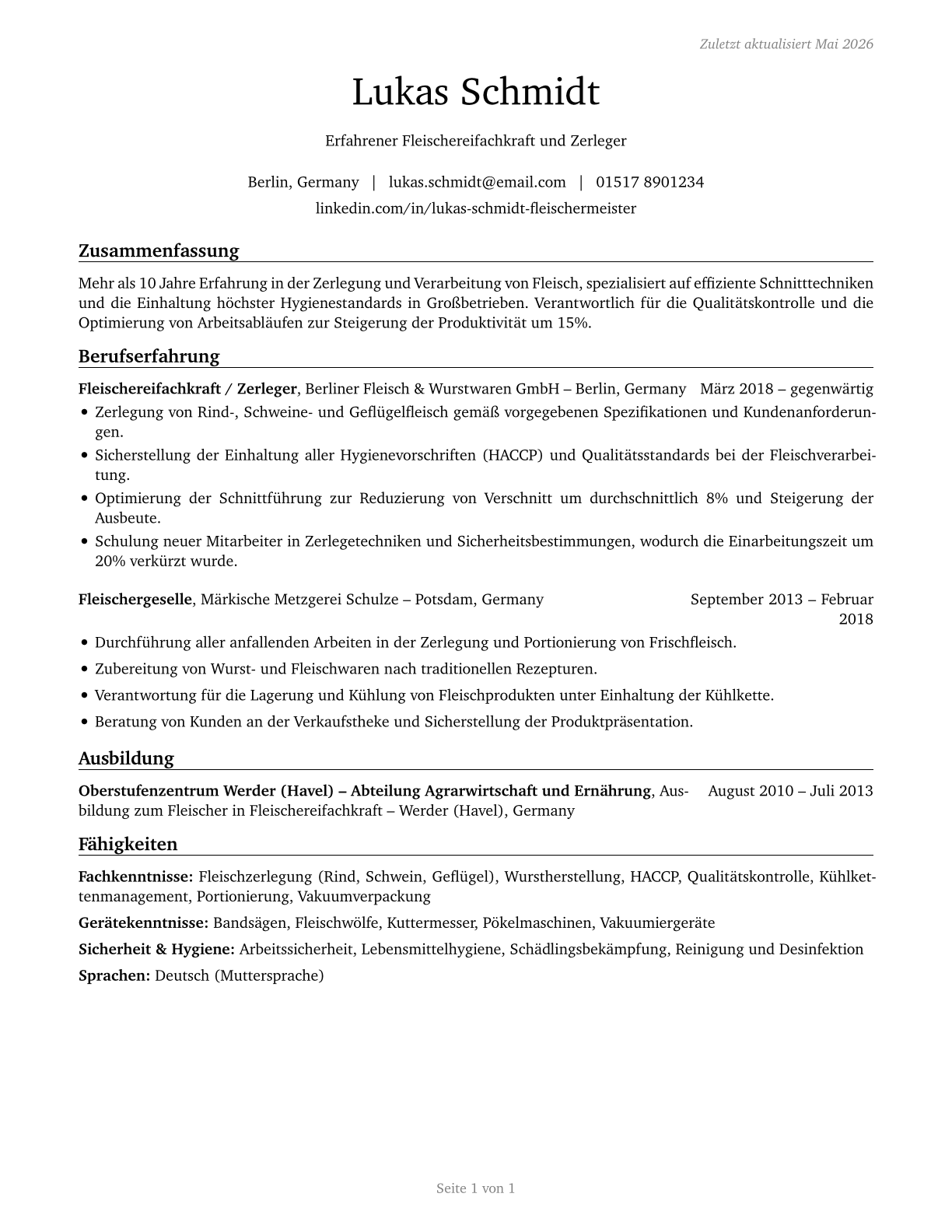 Slaughterers and Meat Packers CV in German — page 1