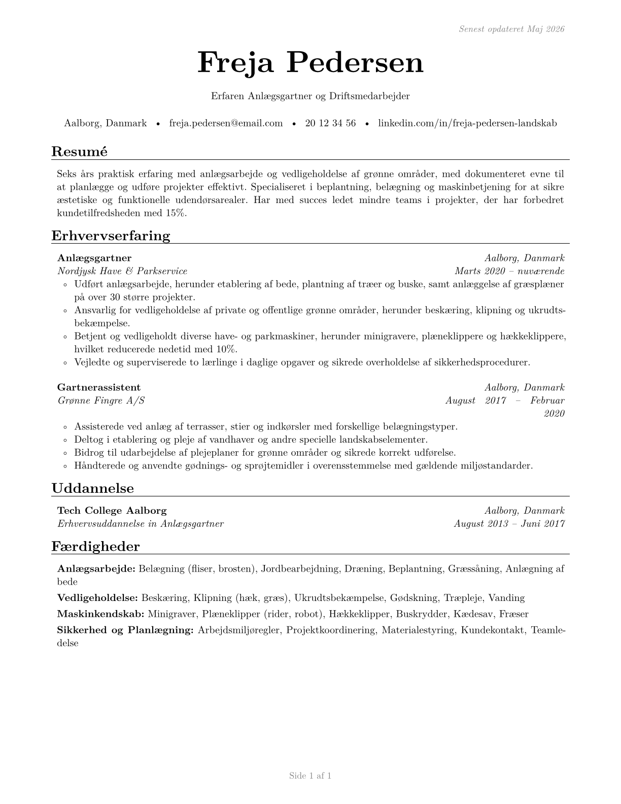 Landscaping and Groundskeeping Workers CV in Danish — page 1