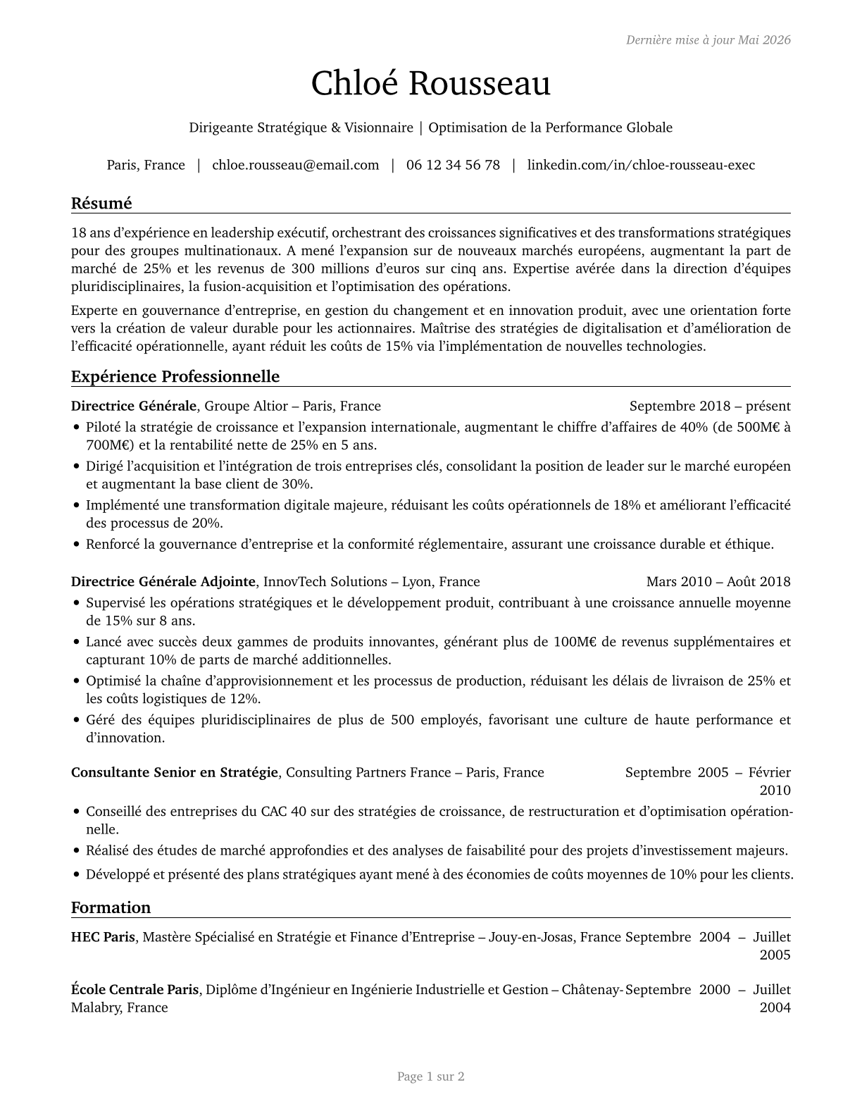 Chief Executives CV in French — page 1